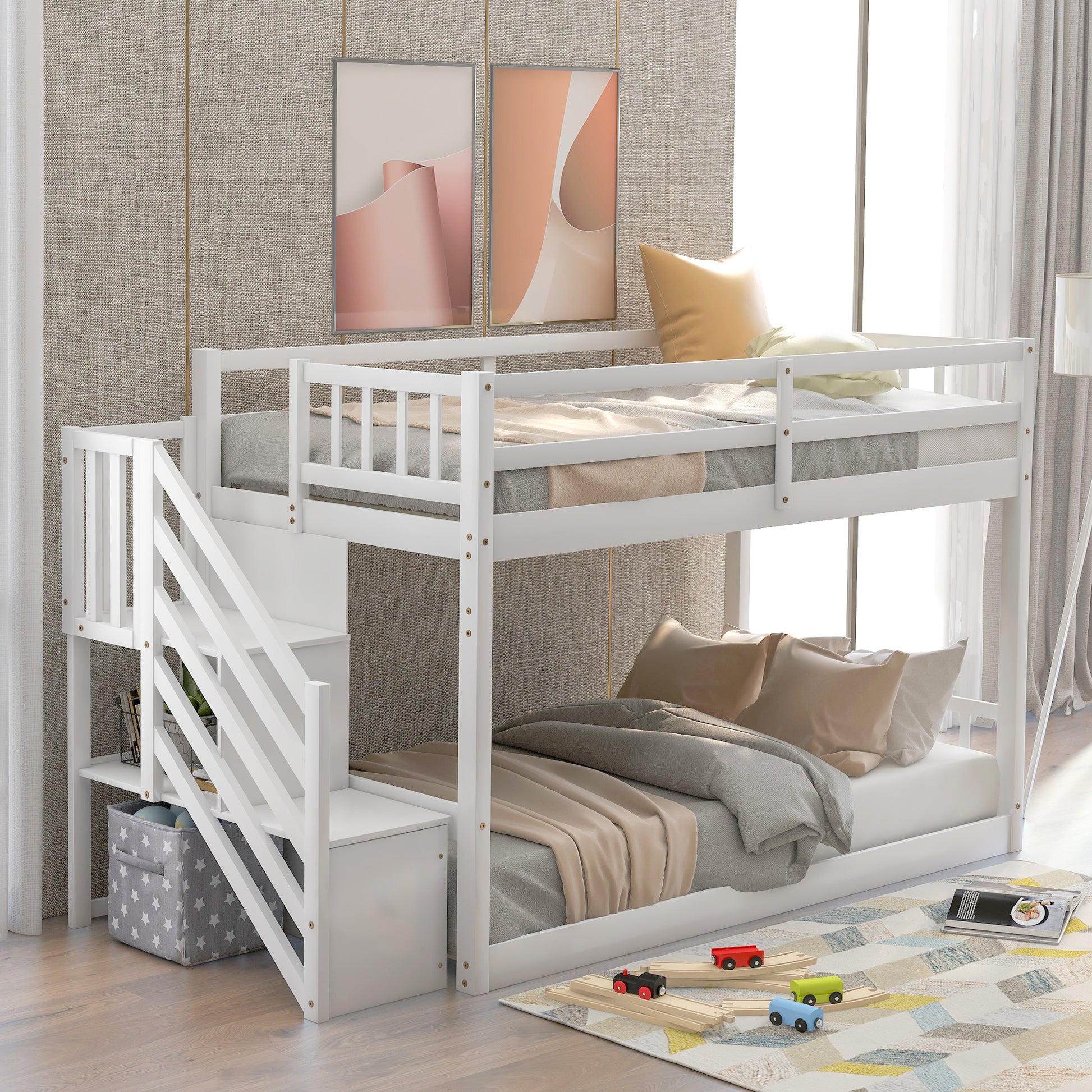 Twin Over Twin Floor Bunk Bed, Ladder With Storage, White Twin White Pine