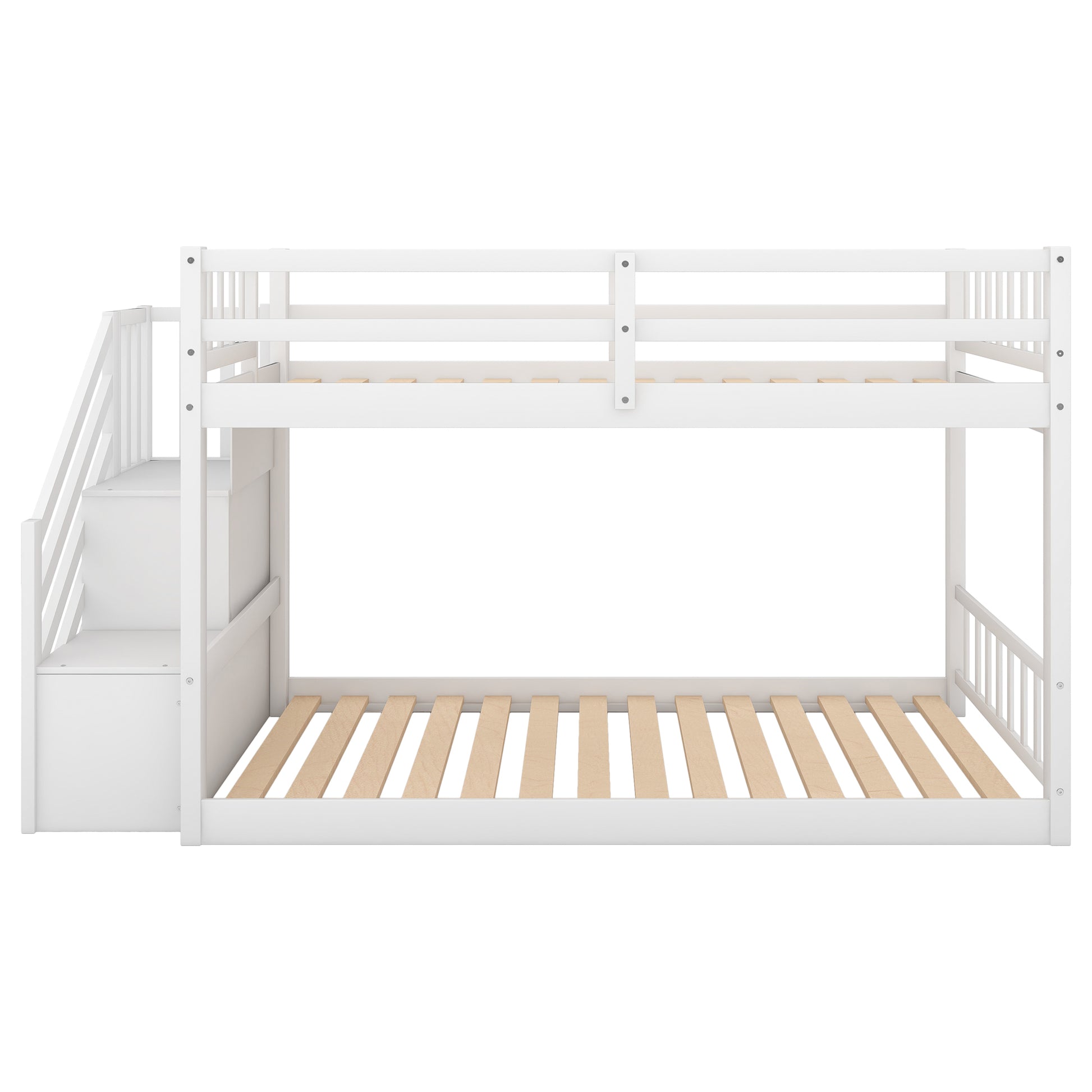 Twin Over Twin Floor Bunk Bed, Ladder With Storage, White Twin White Pine