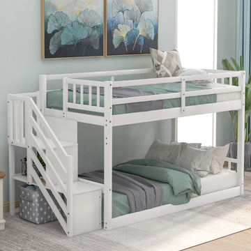 Twin Over Twin Floor Bunk Bed, Ladder With Storage, White Twin White Pine