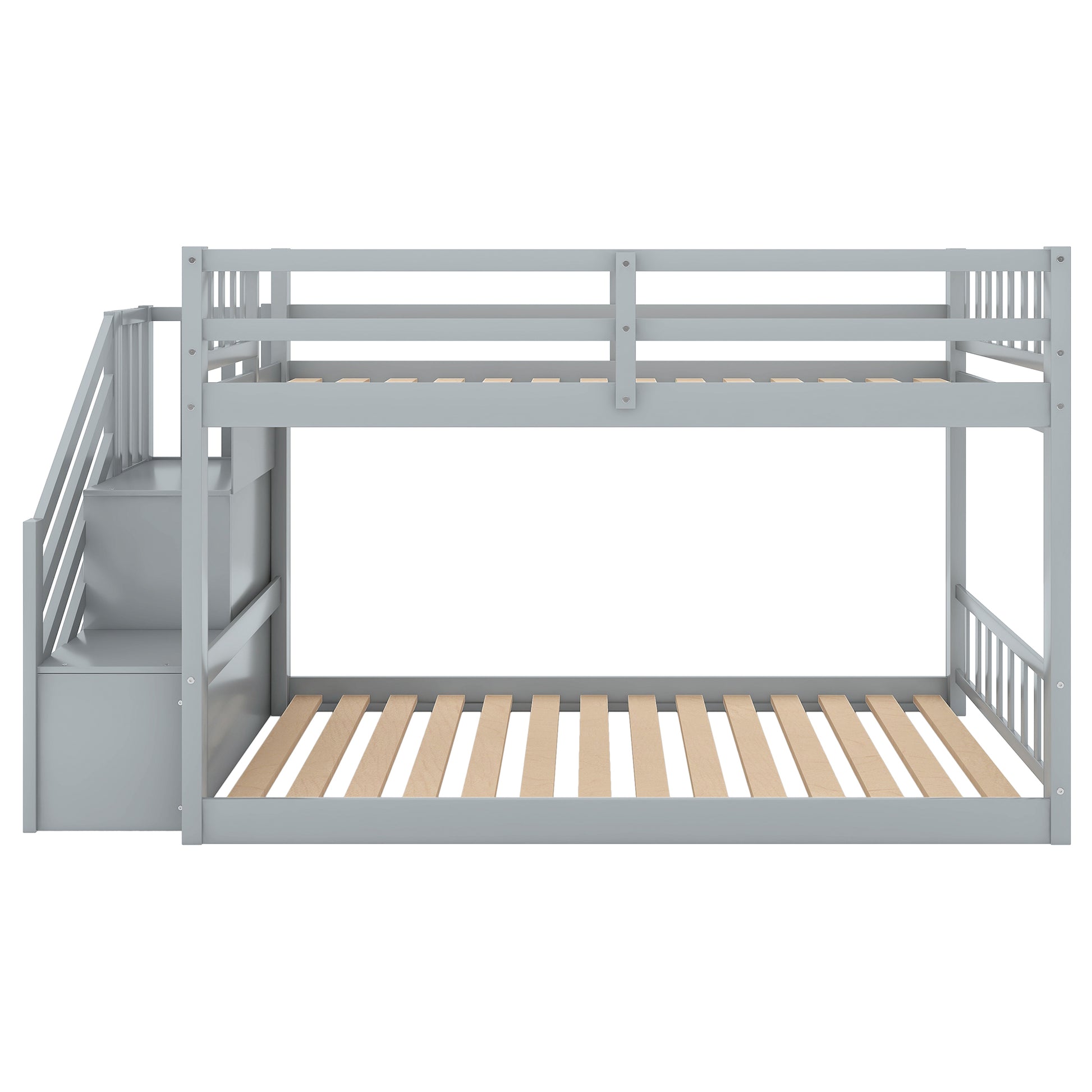 Twin Over Twin Floor Bunk Bed, Ladder With Storage, Gray Twin Gray Pine