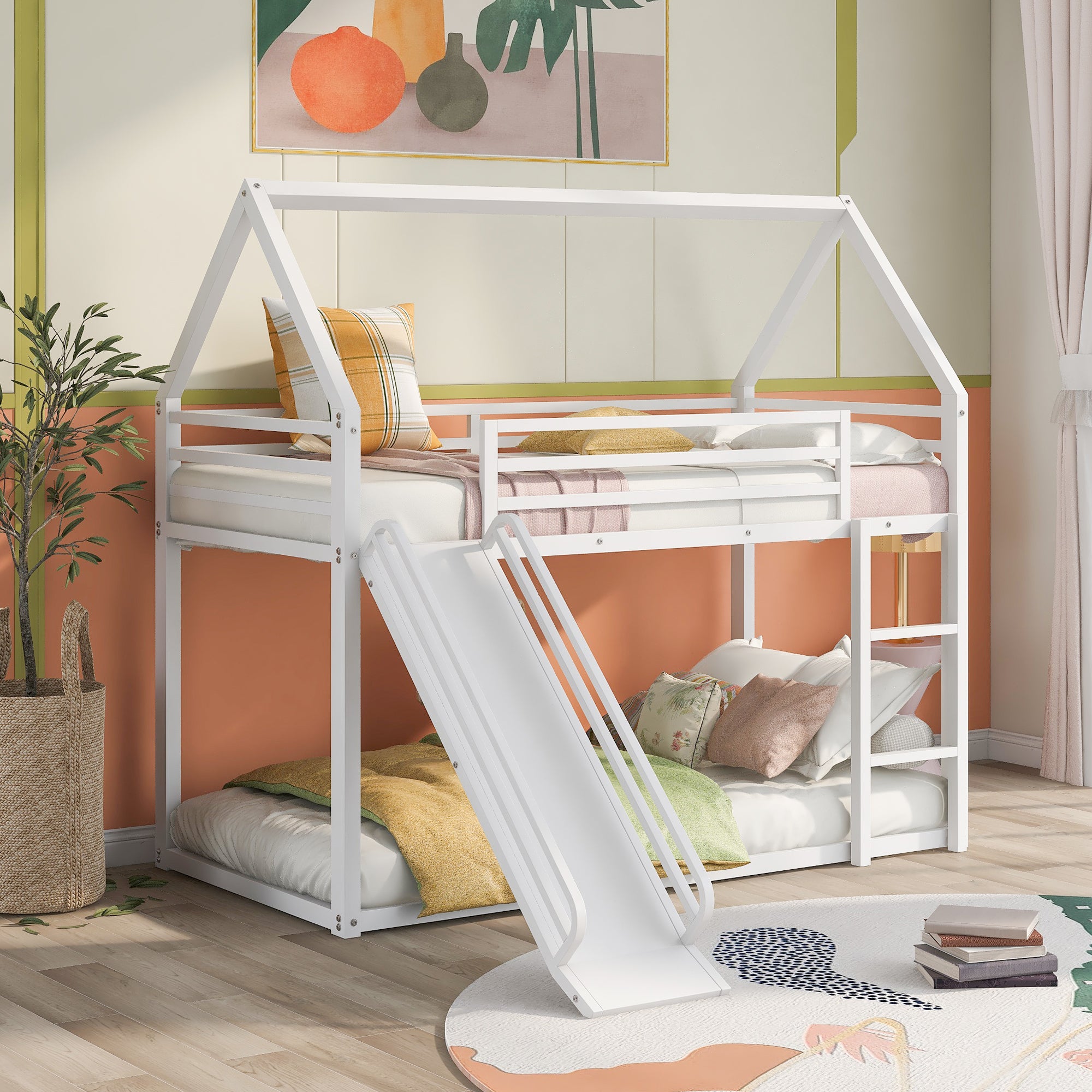 Twin Over Twin House Bunk Bed With Ladder And Slide,White White Metal