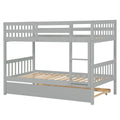 Twin Over Twin Rubber Wood Bunk Bed With Trundle, Convertible Into 2 Twin Size Beds, Twin Size Bunk Bed With Ladder And Safety Guardrails,Grey Twin Grey Rubber Wood