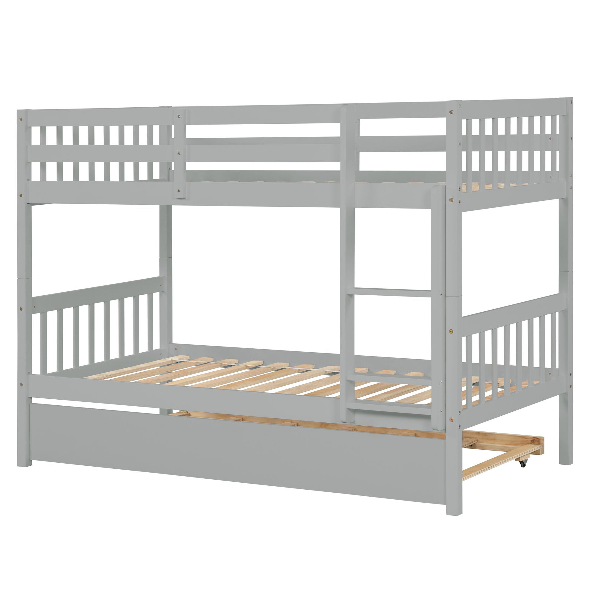 Twin Over Twin Rubber Wood Bunk Bed With Trundle, Convertible Into 2 Twin Size Beds, Twin Size Bunk Bed With Ladder And Safety Guardrails,Grey Twin Grey Rubber Wood