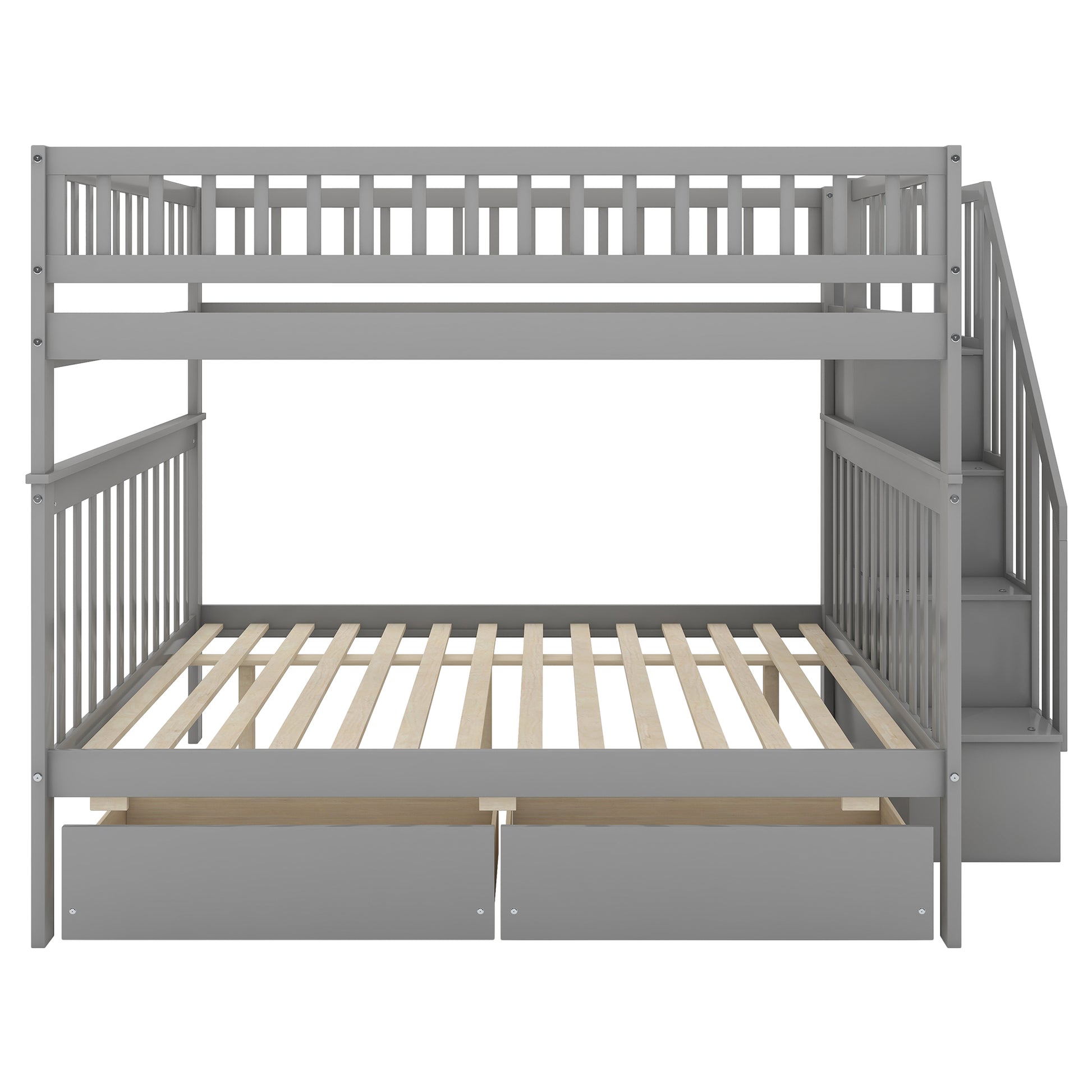 Full Over Full Bunk Bed With Two Drawers And Storage, Gray Gray Pine