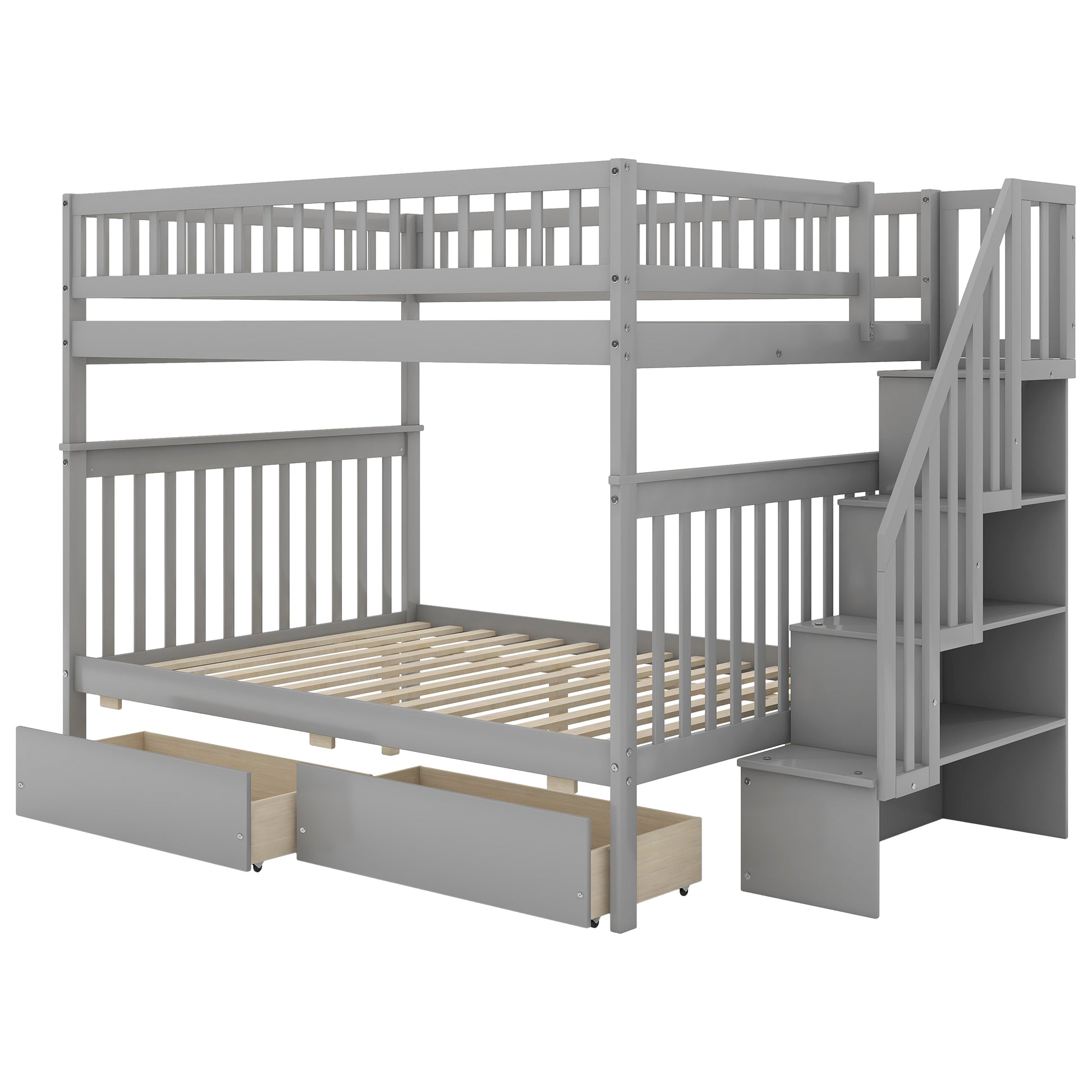 Full Over Full Bunk Bed With Two Drawers And Storage, Gray Gray Pine