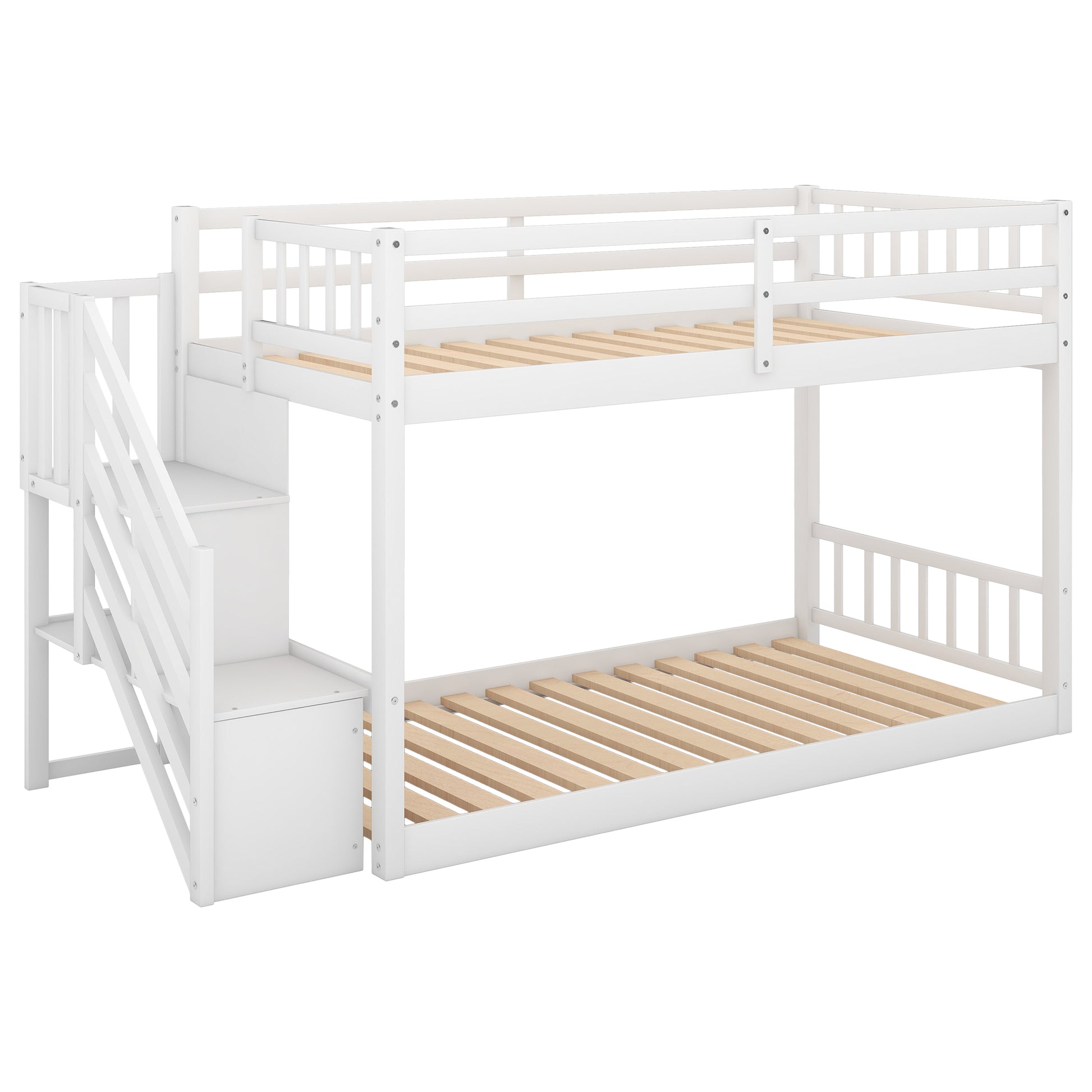 Twin Over Twin Floor Bunk Bed, Ladder With Storage, White Twin White Pine