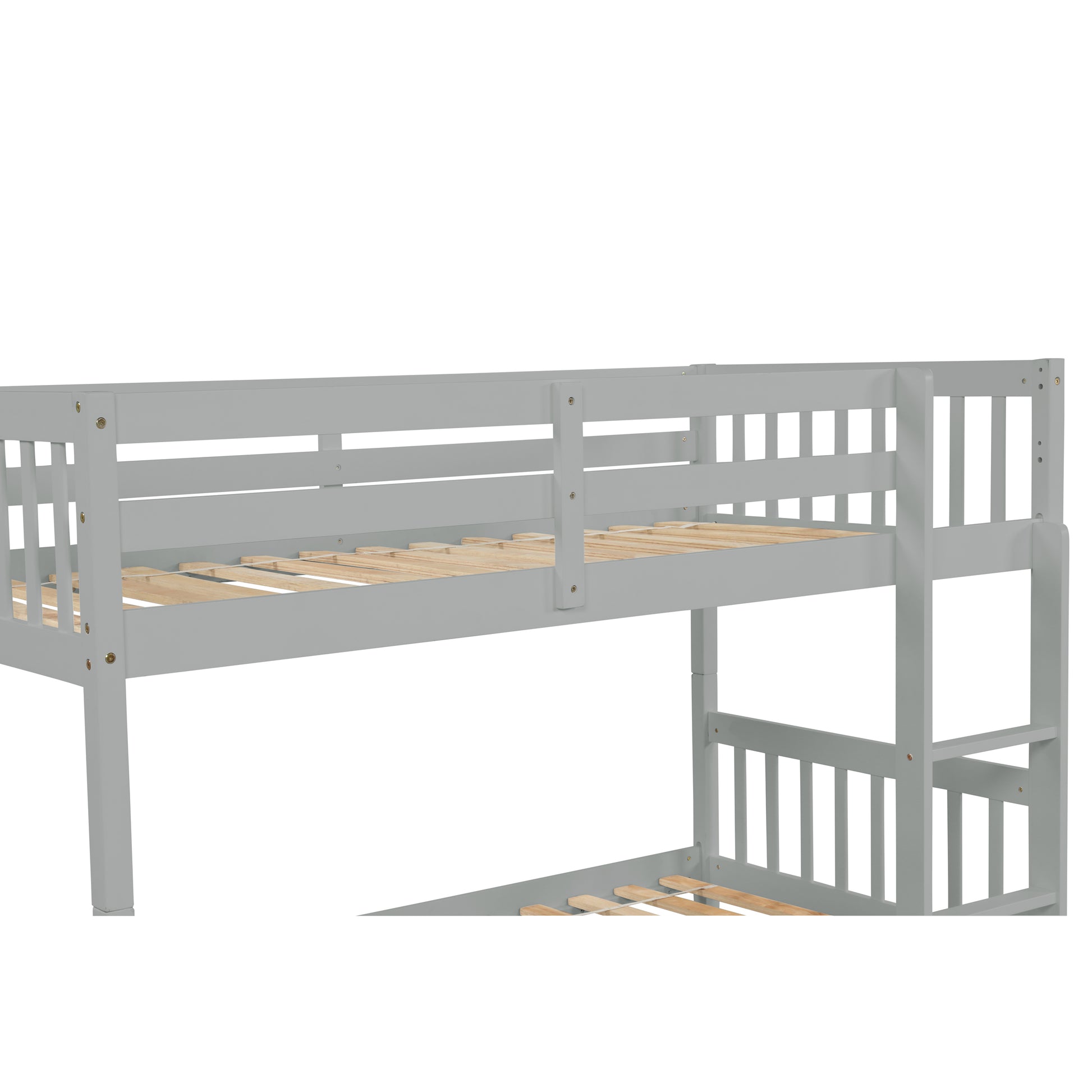 Twin Over Twin Rubber Wood Bunk Bed With Trundle, Convertible Into 2 Twin Size Beds, Twin Size Bunk Bed With Ladder And Safety Guardrails,Grey Twin Grey Rubber Wood