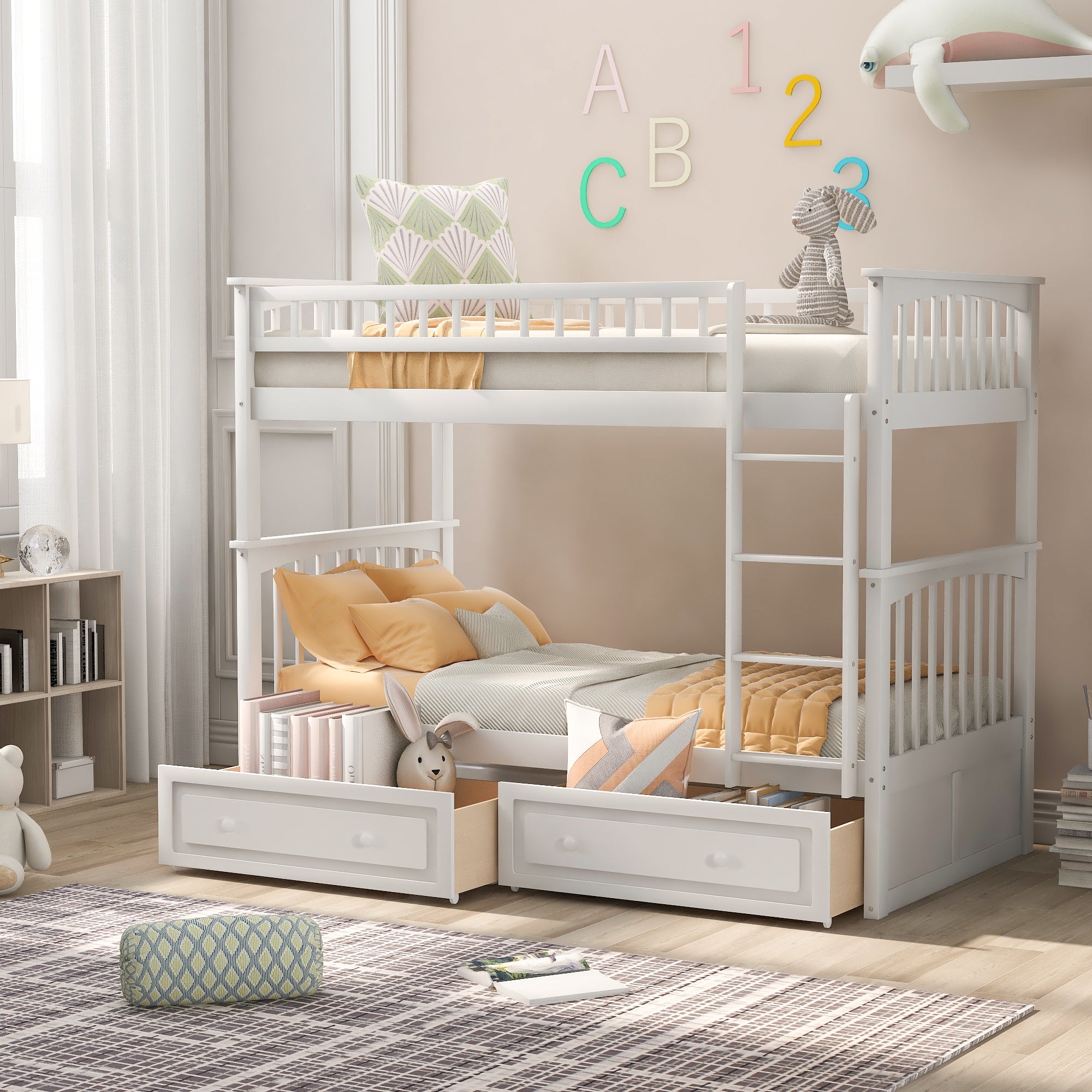 Twin Over Twin Bunk Bed With Drawers, Convertible Beds, White Old Sku: Sm000240Aak 1 Box Spring Not Required Twin White Wood Bedroom Bunk Pine