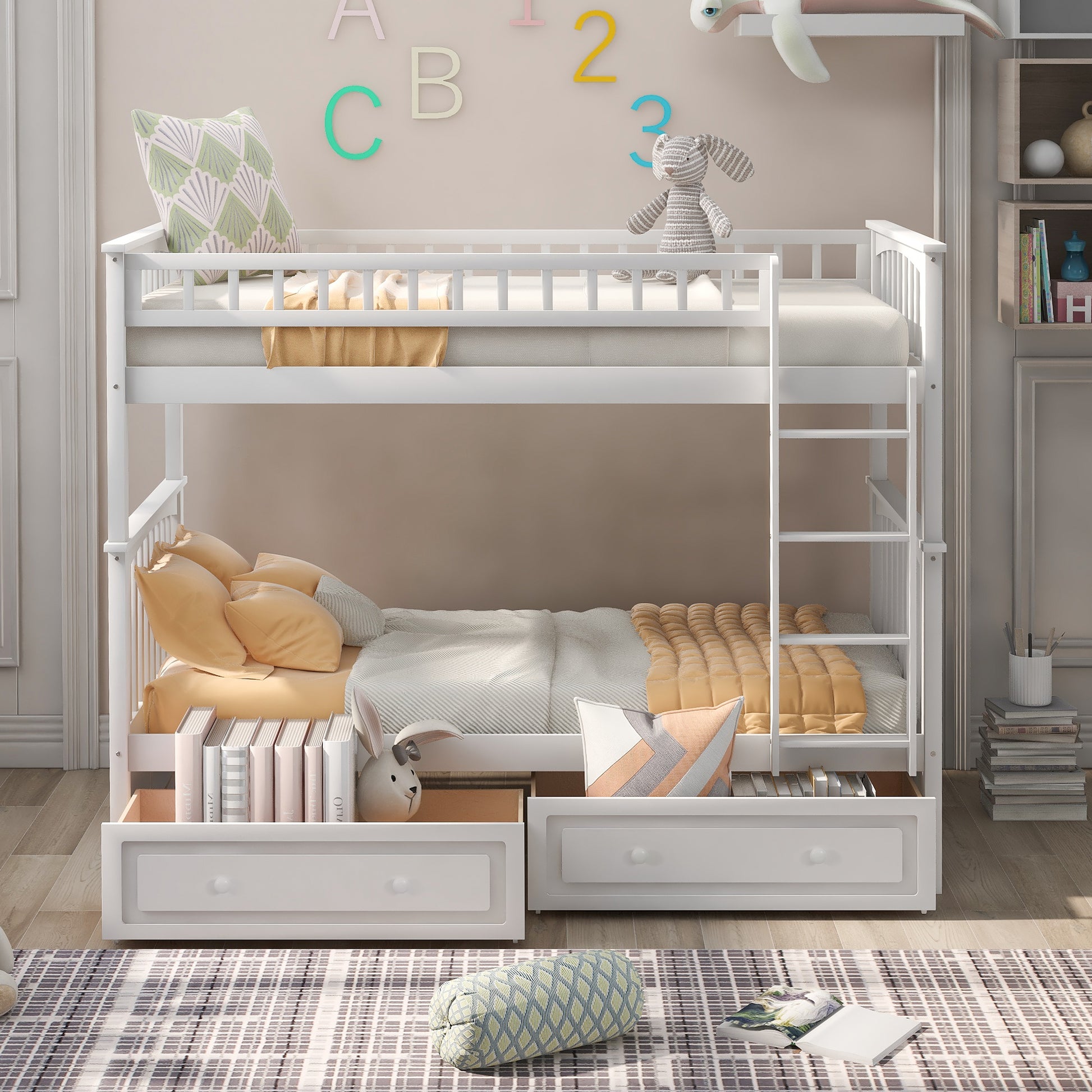 Twin Over Twin Bunk Bed With Drawers, Convertible Beds, White Old Sku: Sm000240Aak 1 Box Spring Not Required Twin White Wood Bedroom Bunk Pine