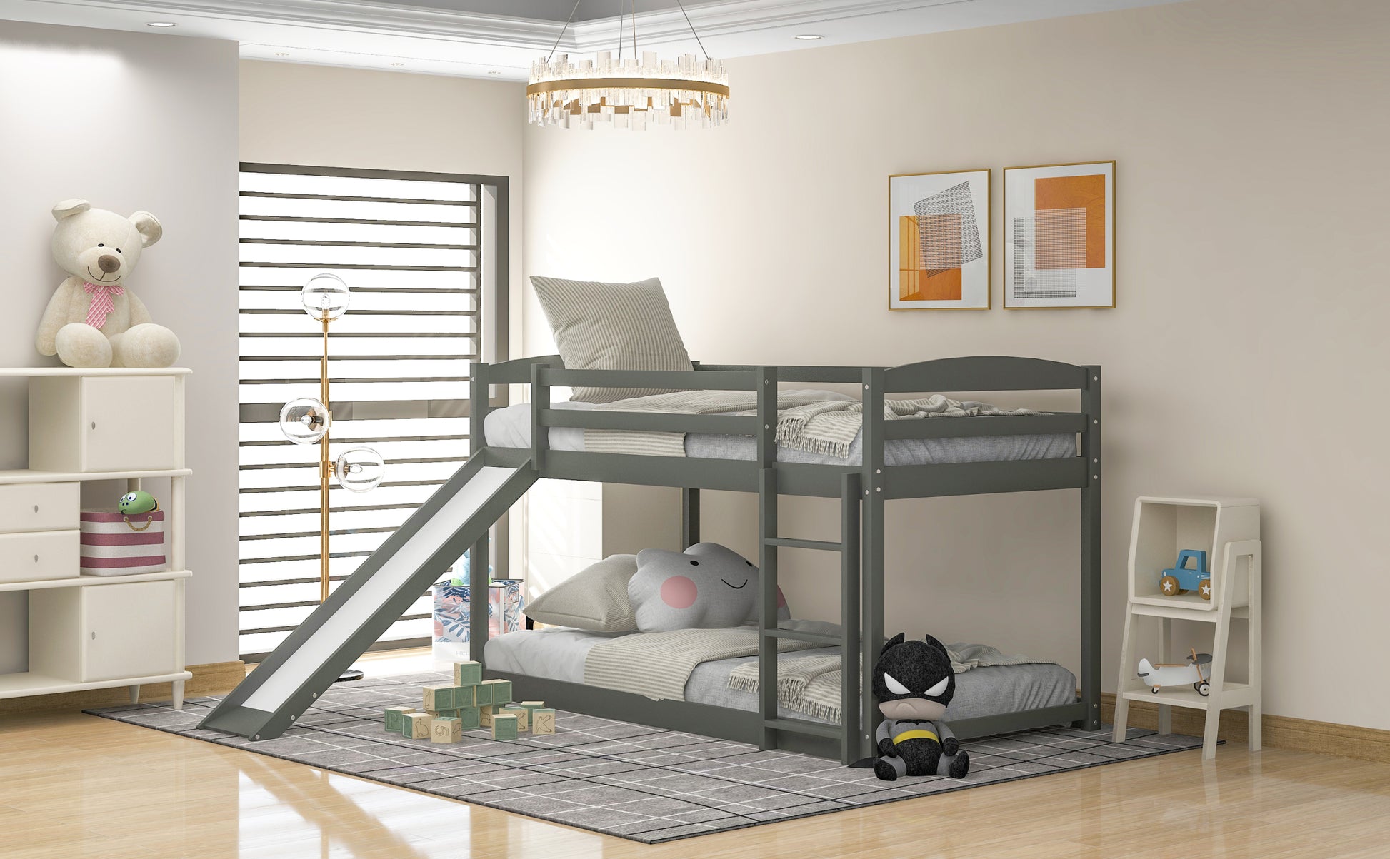 Twin Over Twin Bunk Bed With Convertible Slide And Laddergray Old Sku:Wf281725Aae Gray Pine