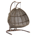 Brown Wicker Hanging Double Seat Swing Chair With Stand W Beige Cushion Beige Brown Rattan