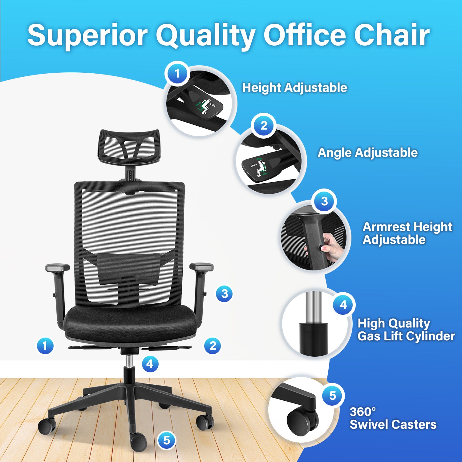 Yssoa Office Ergonomic Mesh Computer Chair With Wheels & Arms & Lumbar Support, 02B, Black Pro Black Metal