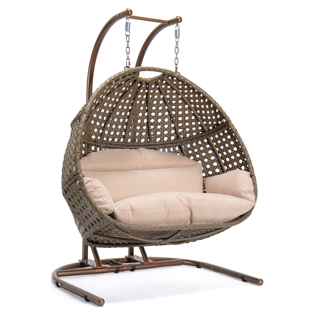 Brown Wicker Hanging Double Seat Swing Chair With Stand W Beige Cushion Beige Brown Rattan