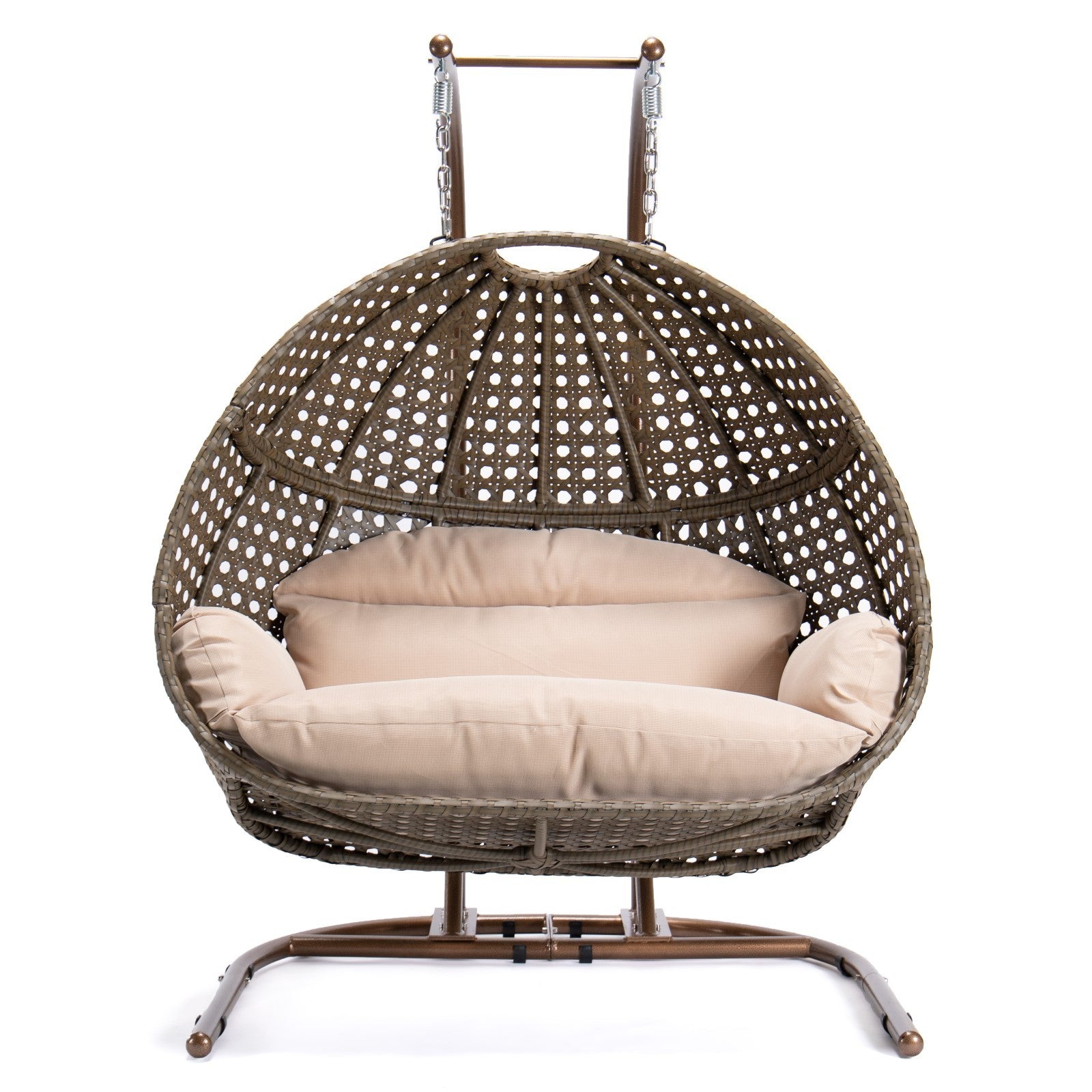 Brown Wicker Hanging Double Seat Swing Chair With Stand W Beige Cushion Beige Brown Rattan