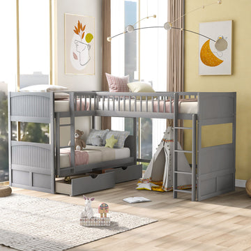 Twin Size Bunk Bed With A Loft Bed Attached, With Two Drawers,Gray Gray Pine