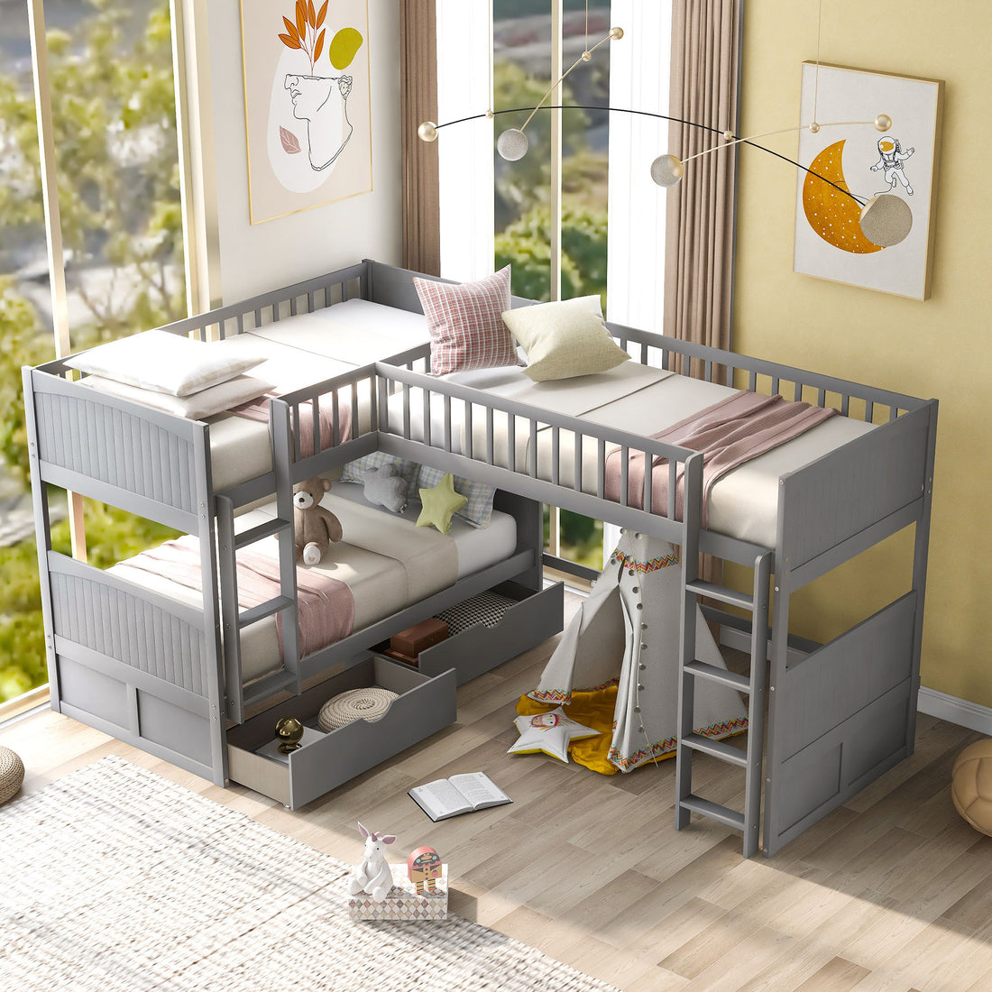 Twin Size Bunk Bed With A Loft Bed Attached, With Two Drawers,Gray Gray Pine