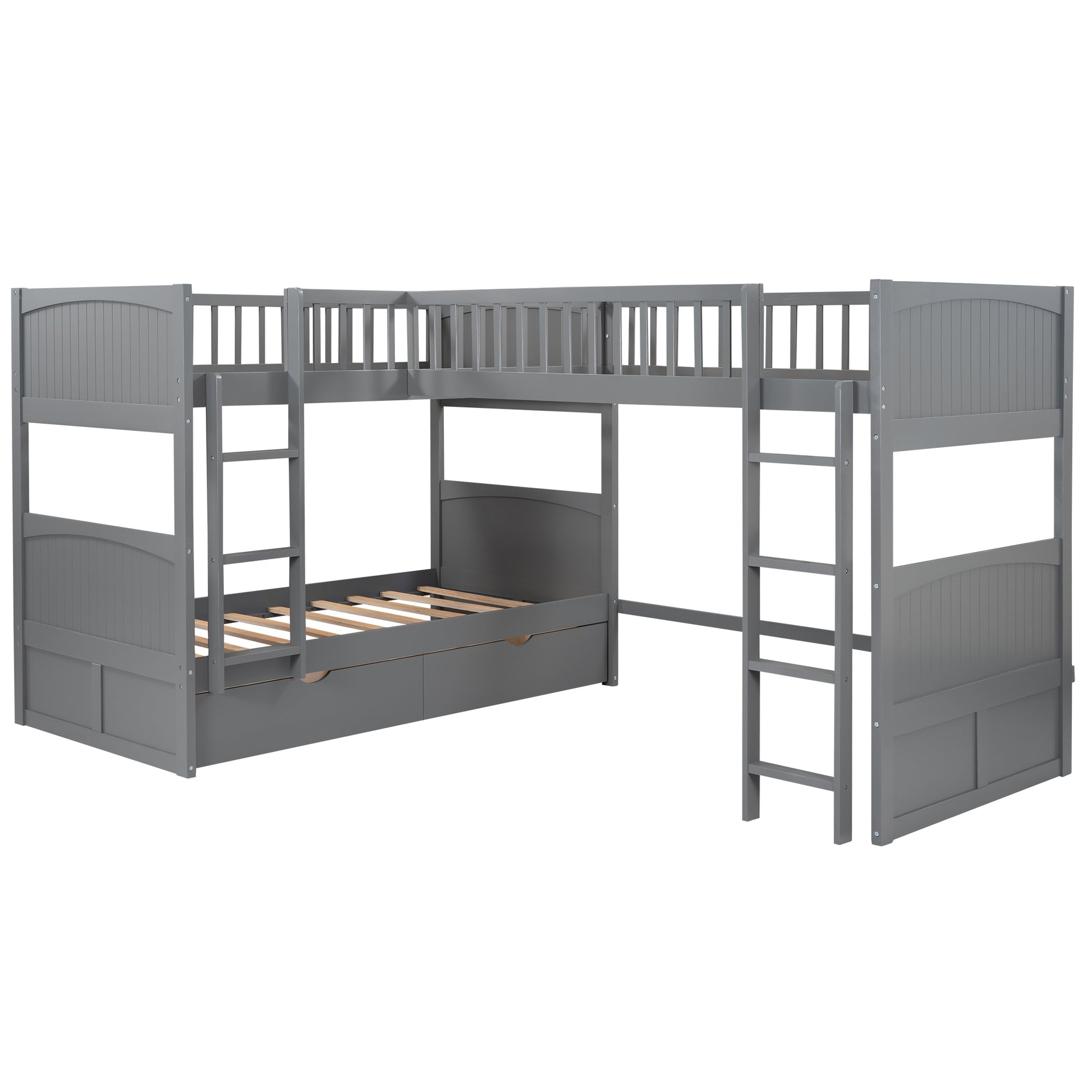 Twin Size Bunk Bed With A Loft Bed Attached, With Two Drawers,Gray Gray Pine