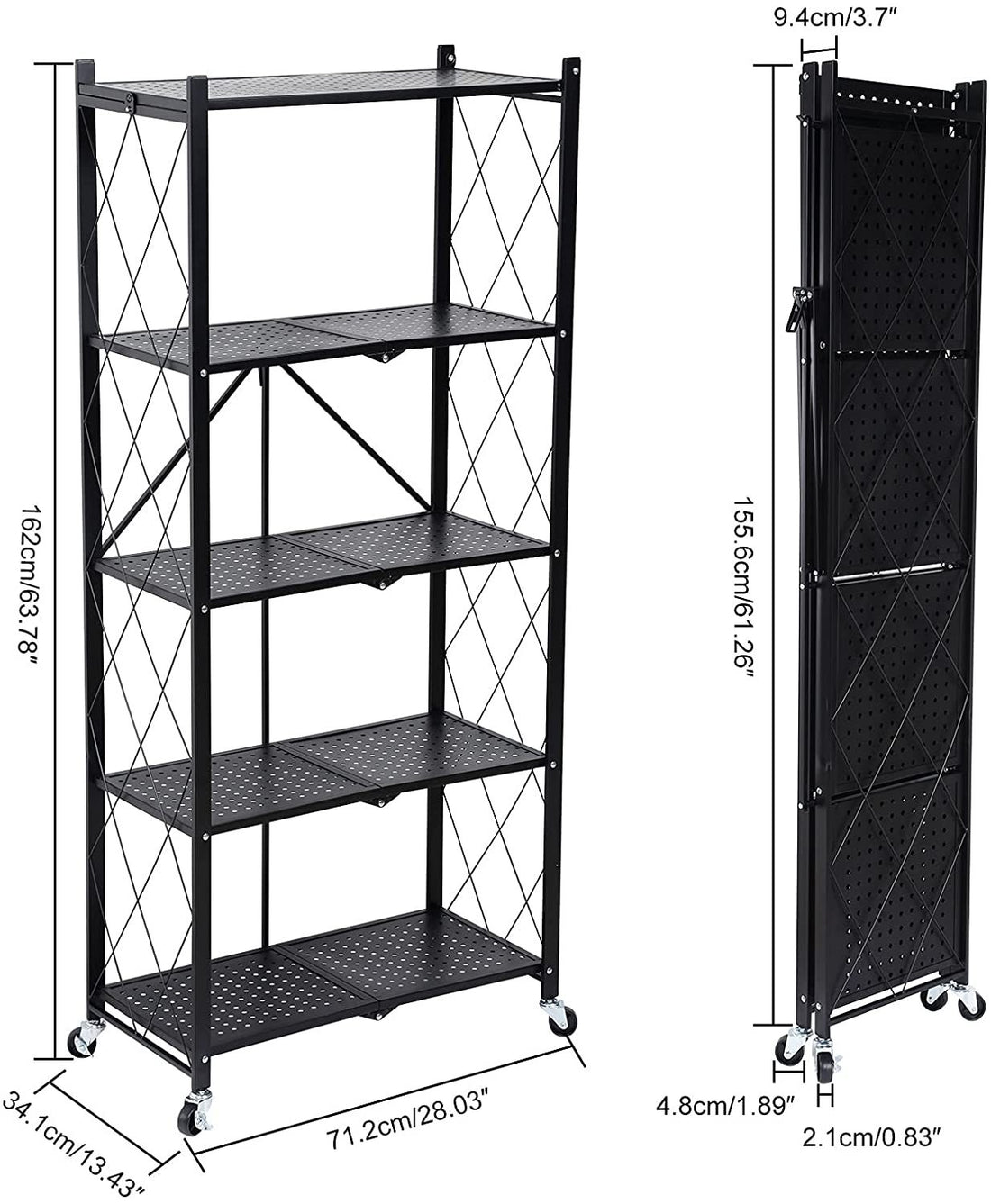 Healsmart 5 Tier Heavy Duty Foldable Metal Rack Storage Shelving Unit With Wheels Moving Easily Organizer Shelves Great For Garage Kitchen Holds Up To 1250 Lbs Capacity, Black Black Iron