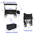 Yssoa Heavy Duty Folding Portable Hand Cart With Removable Canopy, 8'' Wheels, Adjustable Handles And Double Fabric For Shopping, Picnic, Beach, Camping Black Steel