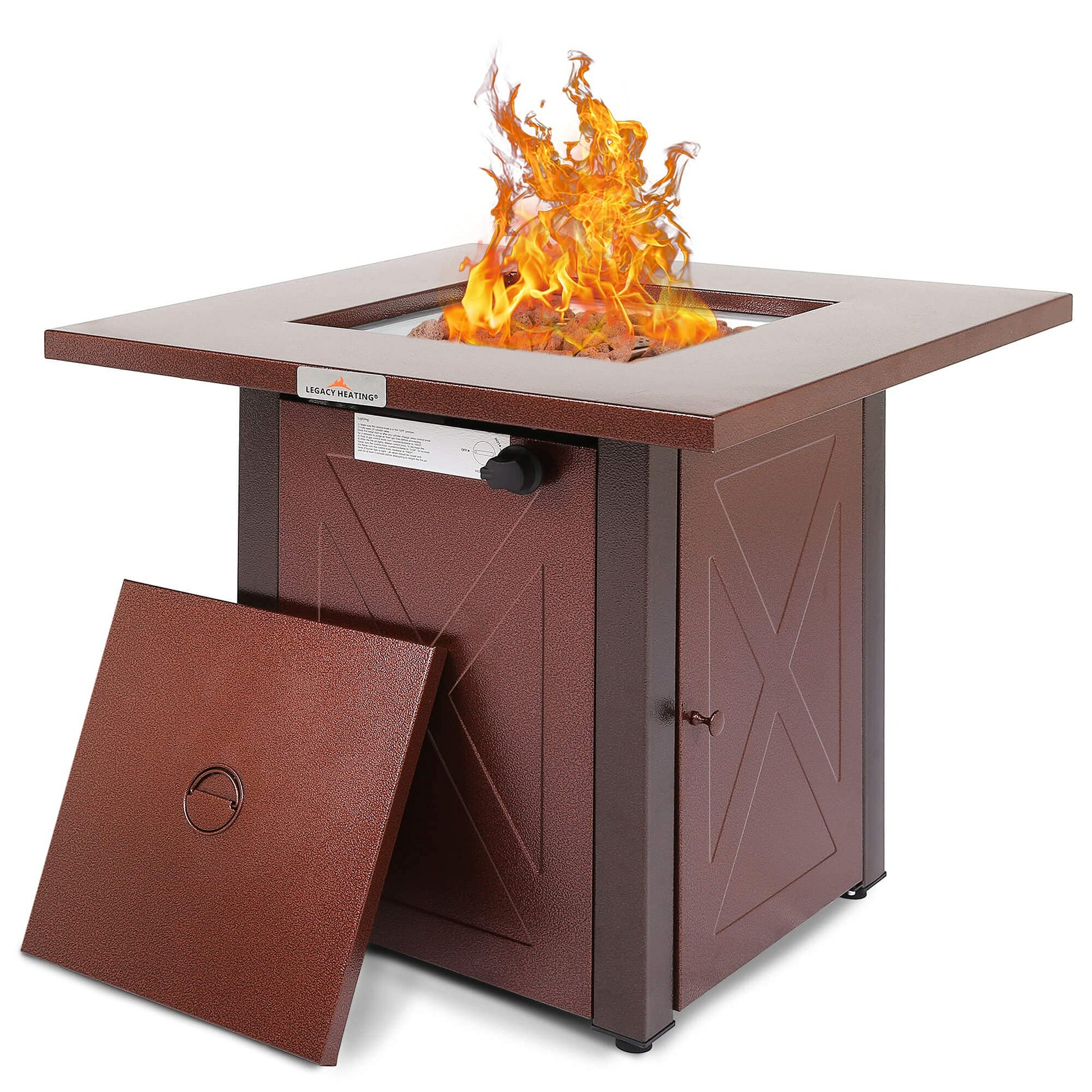 28" 50000 Btu Outdoor Propane Gas Fire Pits Table, Square Brown Texture Outdside Patio Firepits Fireplace Dinning Coffee Tables With Lid & Lava Rock, Etl Certified, Fit For Courtyard, Patio, Balcony Burgundy Metal