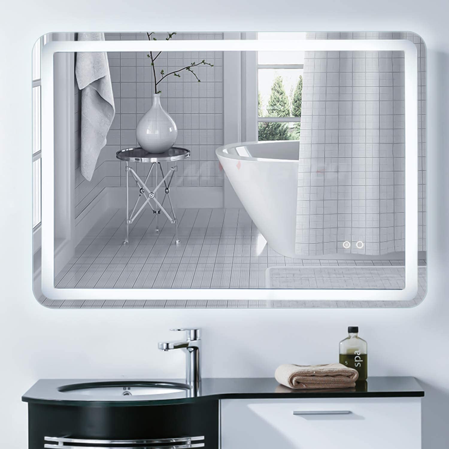 Simple Deluxe 36 X 28 Inch Large Wall Anti Fog Dimmable Led Bathroom Vanity Makeup Mirror With White Warm Light Horizontal Vertical , Transparent White Glass
