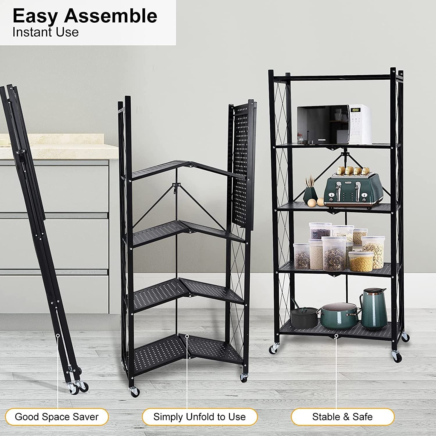 Healsmart 5 Tier Heavy Duty Foldable Metal Rack Storage Shelving Unit With Wheels Moving Easily Organizer Shelves Great For Garage Kitchen Holds Up To 1250 Lbs Capacity, Black Black Iron