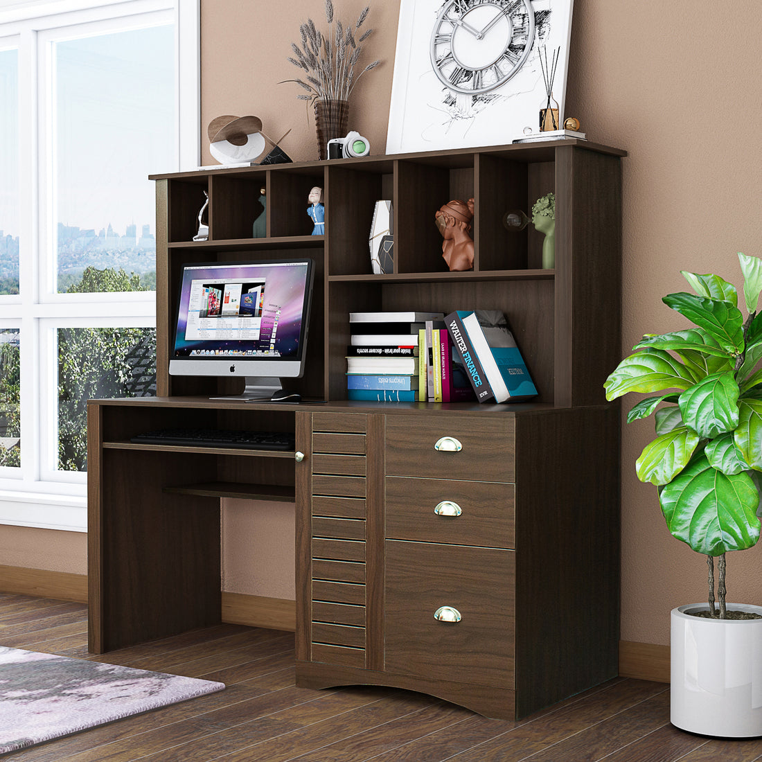 Home Office Computer Desk With Hutch,Walnut Walnut Particle Board