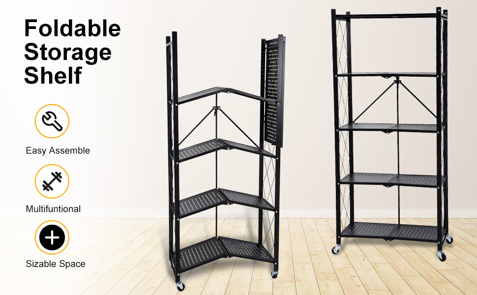 Healsmart 5 Tier Heavy Duty Foldable Metal Rack Storage Shelving Unit With Wheels Moving Easily Organizer Shelves Great For Garage Kitchen Holds Up To 1250 Lbs Capacity, Black Black Iron