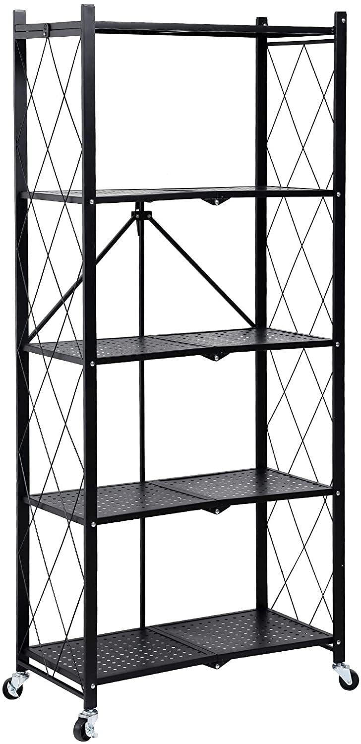 Healsmart 5 Tier Heavy Duty Foldable Metal Rack Storage Shelving Unit With Wheels Moving Easily Organizer Shelves Great For Garage Kitchen Holds Up To 1250 Lbs Capacity, Black Black Iron