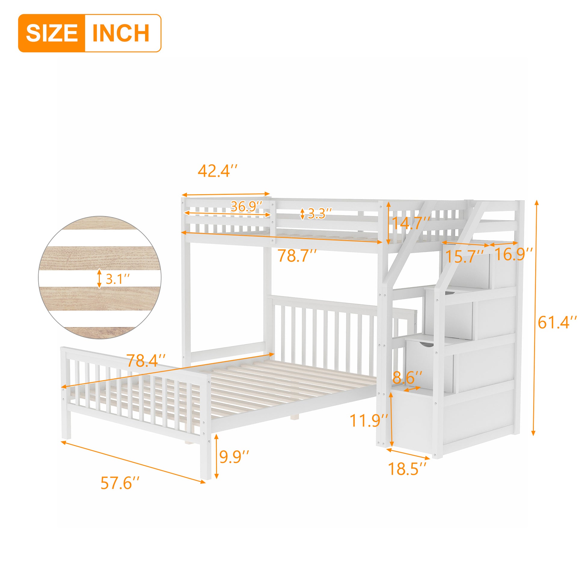 Twin Over Full Loft Bed With Staircase,White Old Sku:Sm000107Aak White Pine