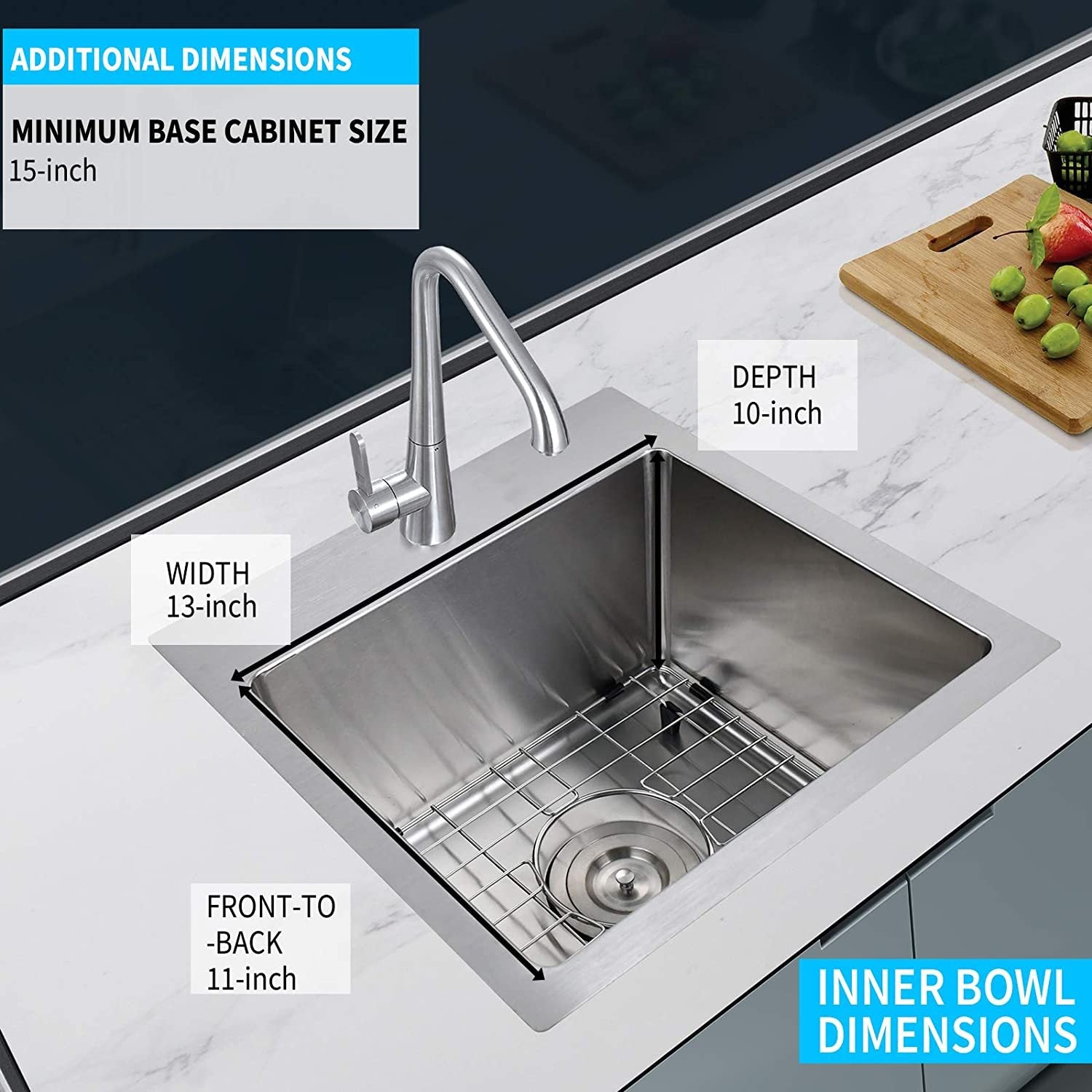 Simple Deluxe 15 Inch Top Mount Workstation Kitchen Sink, 20 Gauge Single Bowl Stainless Steel With Accessories Pack Of 3 Built In Components , 15 Inch, Silver Silver Stainless Steel