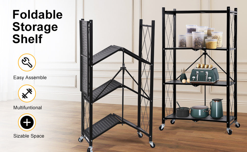 Healsmart 5 Tier Heavy Duty Foldable Metal Rack Storage Shelving Unit With Wheels Moving Easily Organizer Shelves Great For Garage Kitchen Holds Up To 1250 Lbs Capacity, Black Black Iron