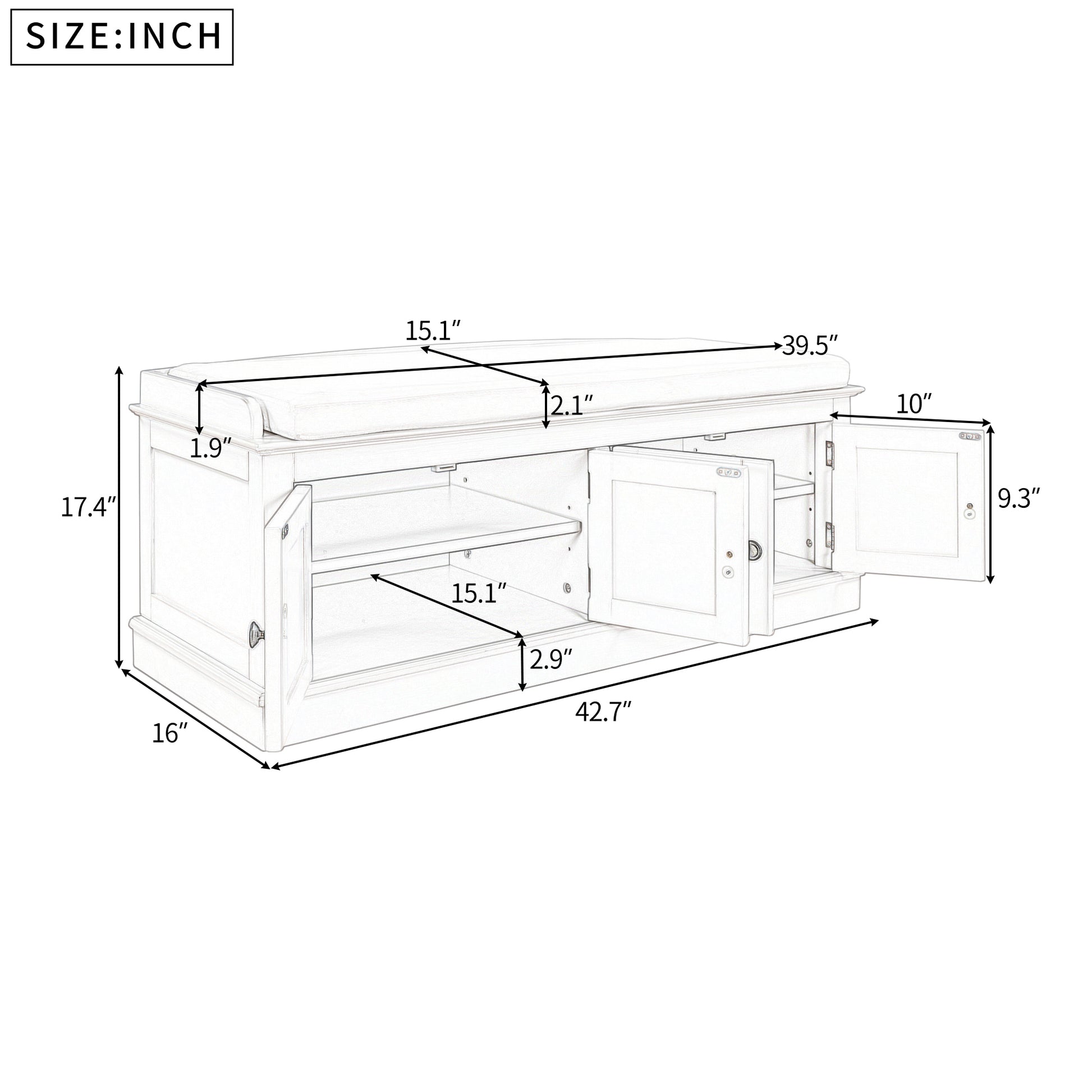 Storage Bench With 4 Doors And Adjustable Shelves, Shoe Bench With Removable Cushion For Living Room, Entryway White White Solid Wood