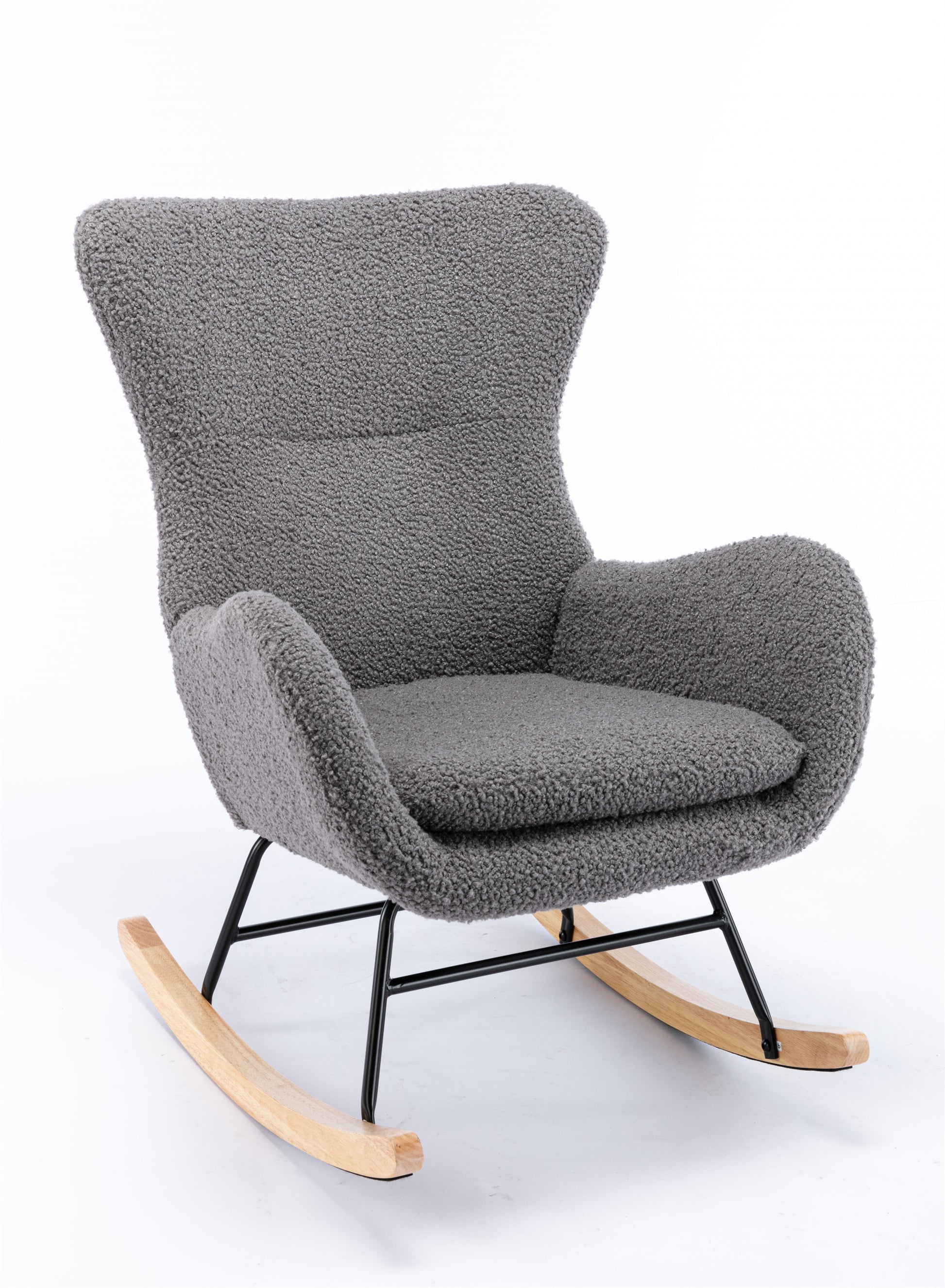 Teddy Fabric Padded Seat Rocking Chair With High Backrest And Armrests Grey Foam Upholstered