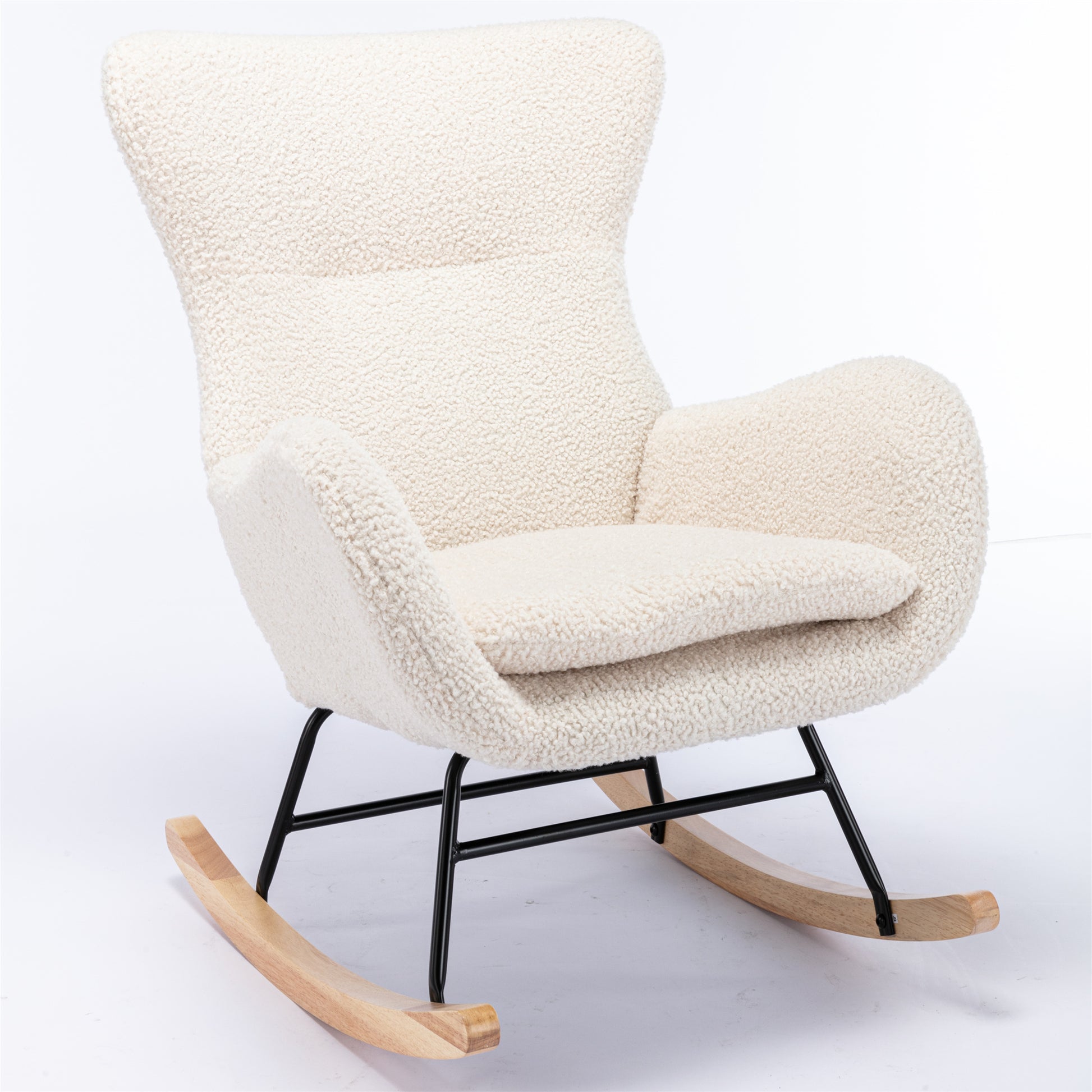 Teddy Fabric Padded Seat Rocking Chair With High Backrest And Armrests Beige Foam Upholstered