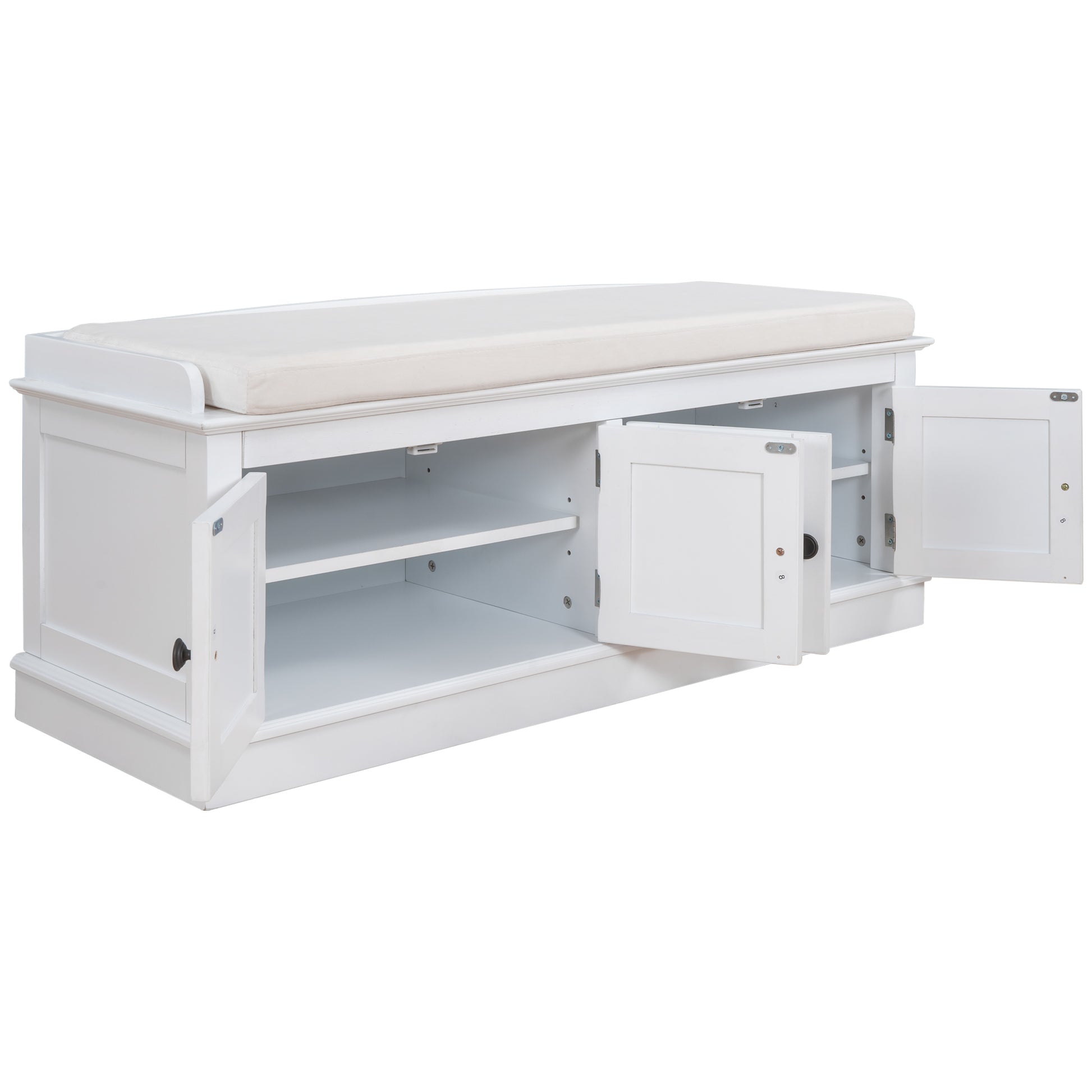 Storage Bench With 4 Doors And Adjustable Shelves, Shoe Bench With Removable Cushion For Living Room, Entryway White White Solid Wood