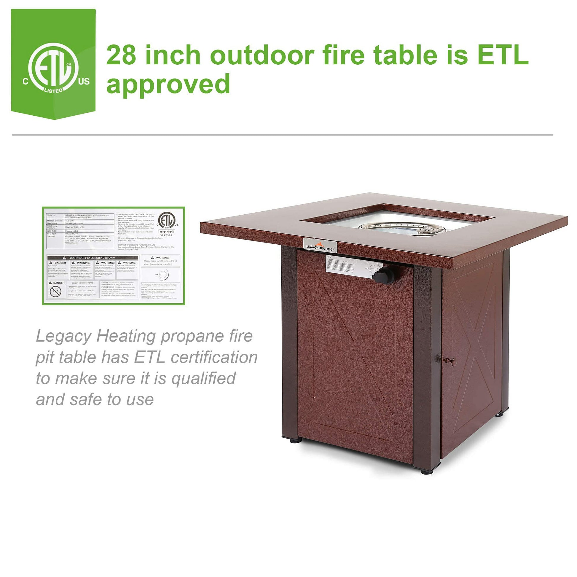 28" 50000 Btu Outdoor Propane Gas Fire Pits Table, Square Brown Texture Outdside Patio Firepits Fireplace Dinning Coffee Tables With Lid & Lava Rock, Etl Certified, Fit For Courtyard, Patio, Balcony Burgundy Metal