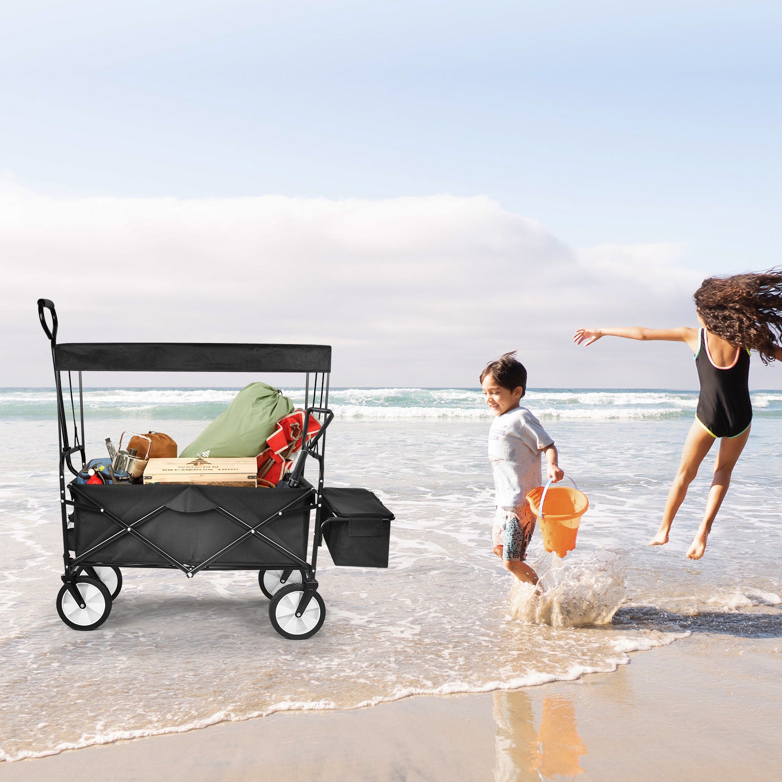 Yssoa Heavy Duty Folding Portable Hand Cart With Removable Canopy, 8'' Wheels, Adjustable Handles And Double Fabric For Shopping, Picnic, Beach, Camping Black Steel