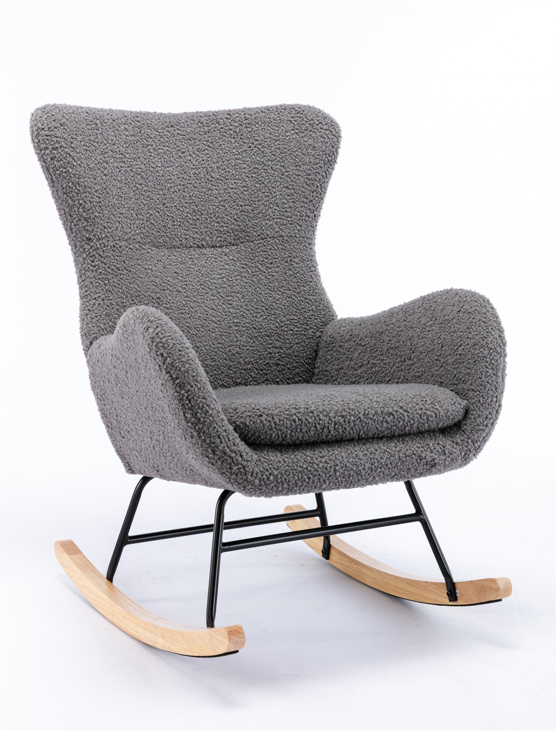 Teddy Fabric Padded Seat Rocking Chair With High Backrest And Armrests Grey Foam Upholstered