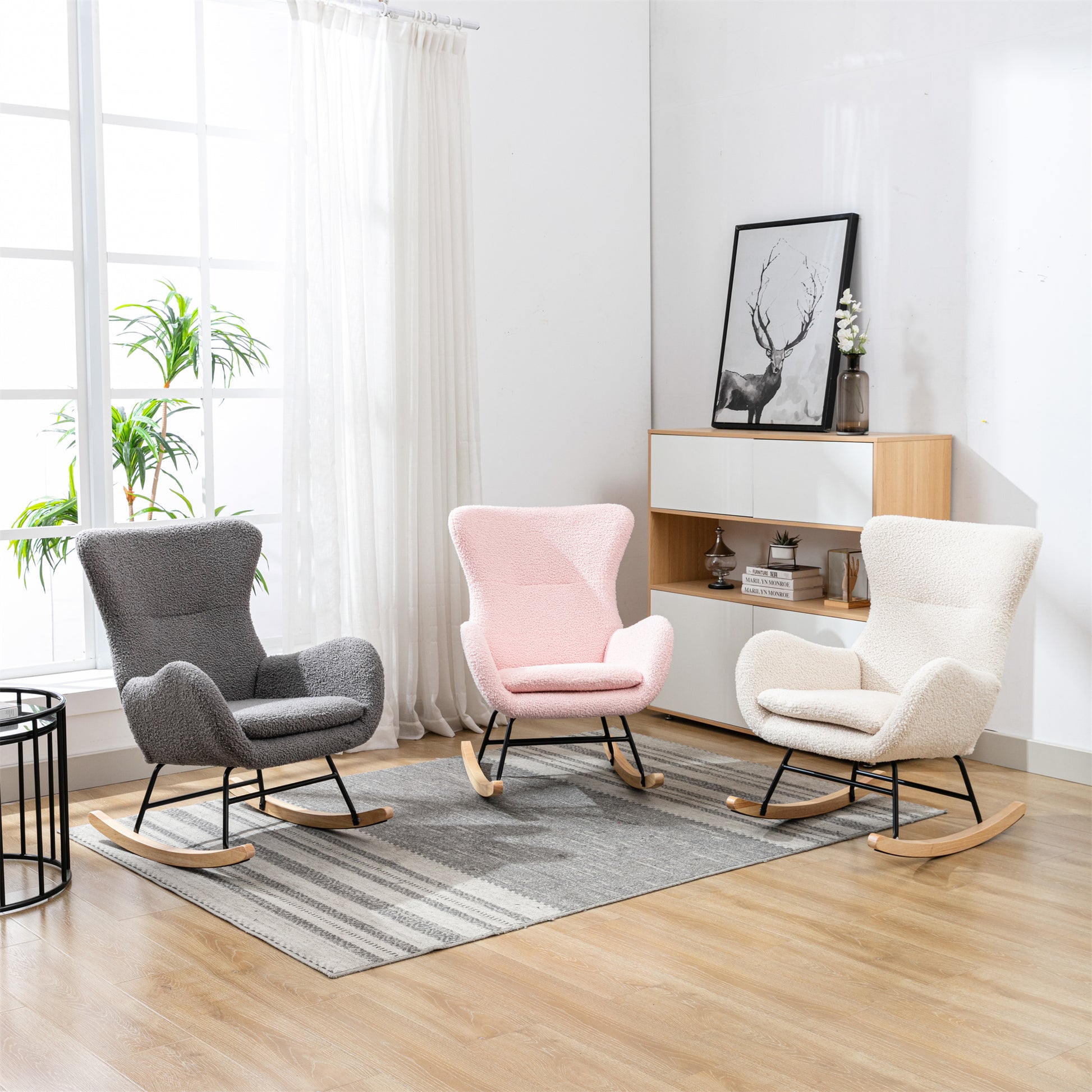 Teddy Fabric Padded Seat Rocking Chair With High Backrest And Armrests Beige Foam Upholstered