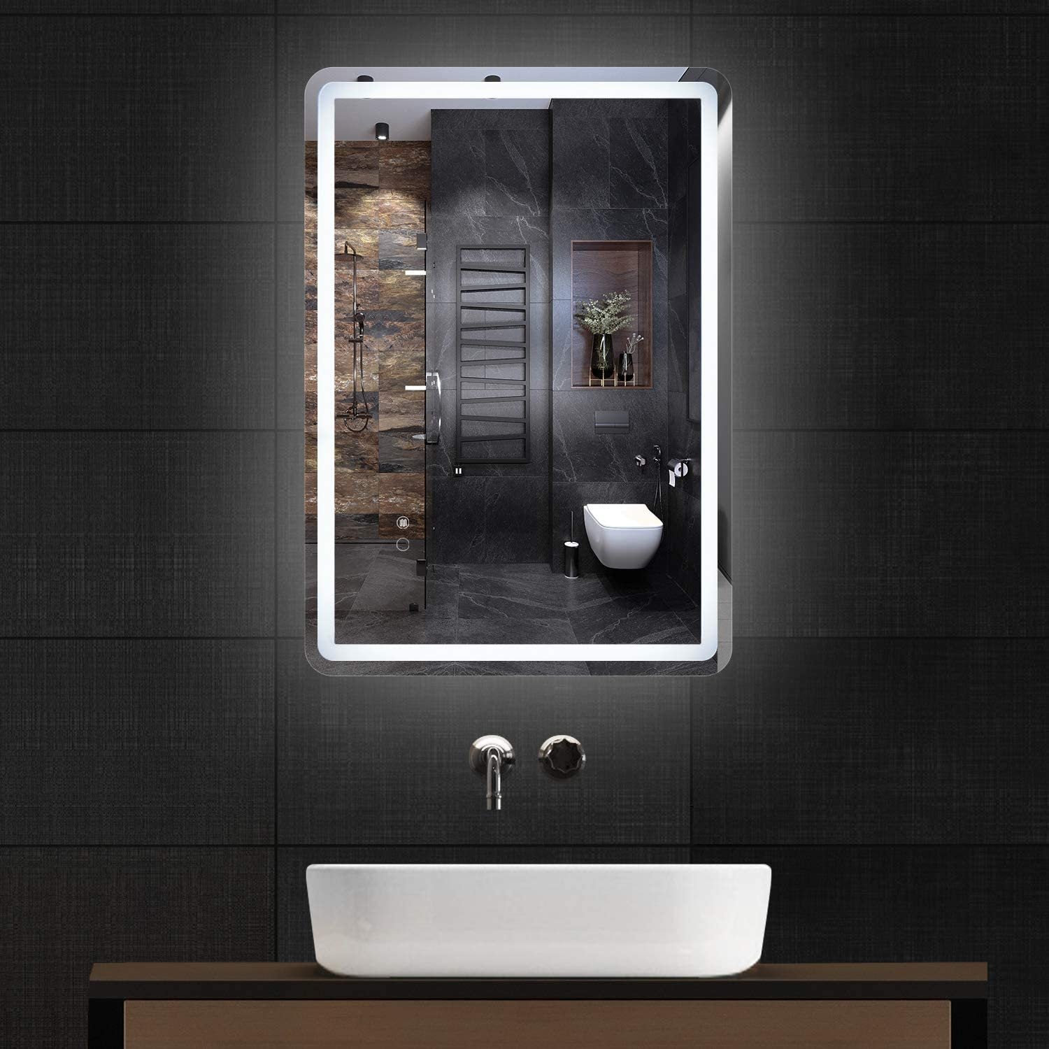 Simple Deluxe 36 X 28 Inch Large Wall Anti Fog Dimmable Led Bathroom Vanity Makeup Mirror With White Warm Light Horizontal Vertical , Transparent White Glass