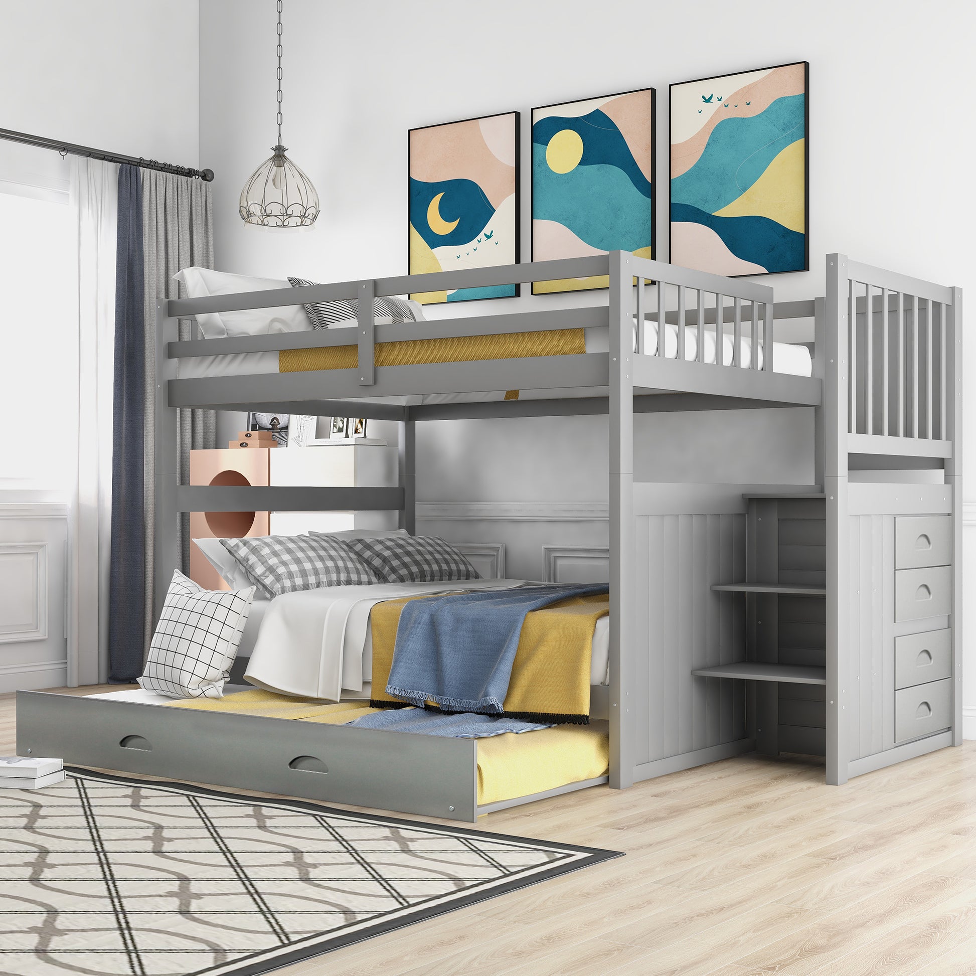 Full Over Full Bunk Bed With Twin Size Trundle, Gray Old Sku: Lt000026Aae Gray Solid Wood