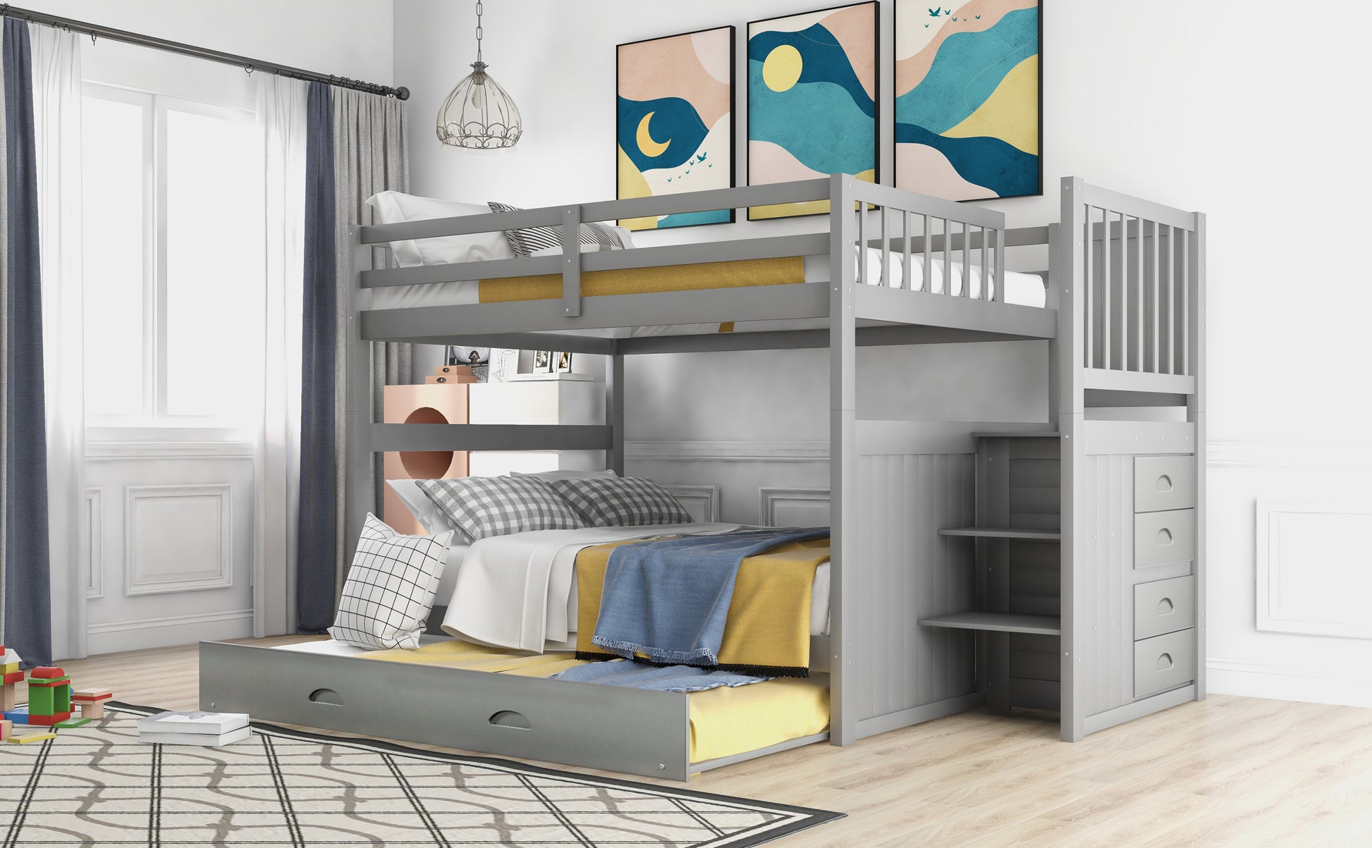 Full Over Full Bunk Bed With Twin Size Trundle, Gray Old Sku: Lt000026Aae Gray Solid Wood