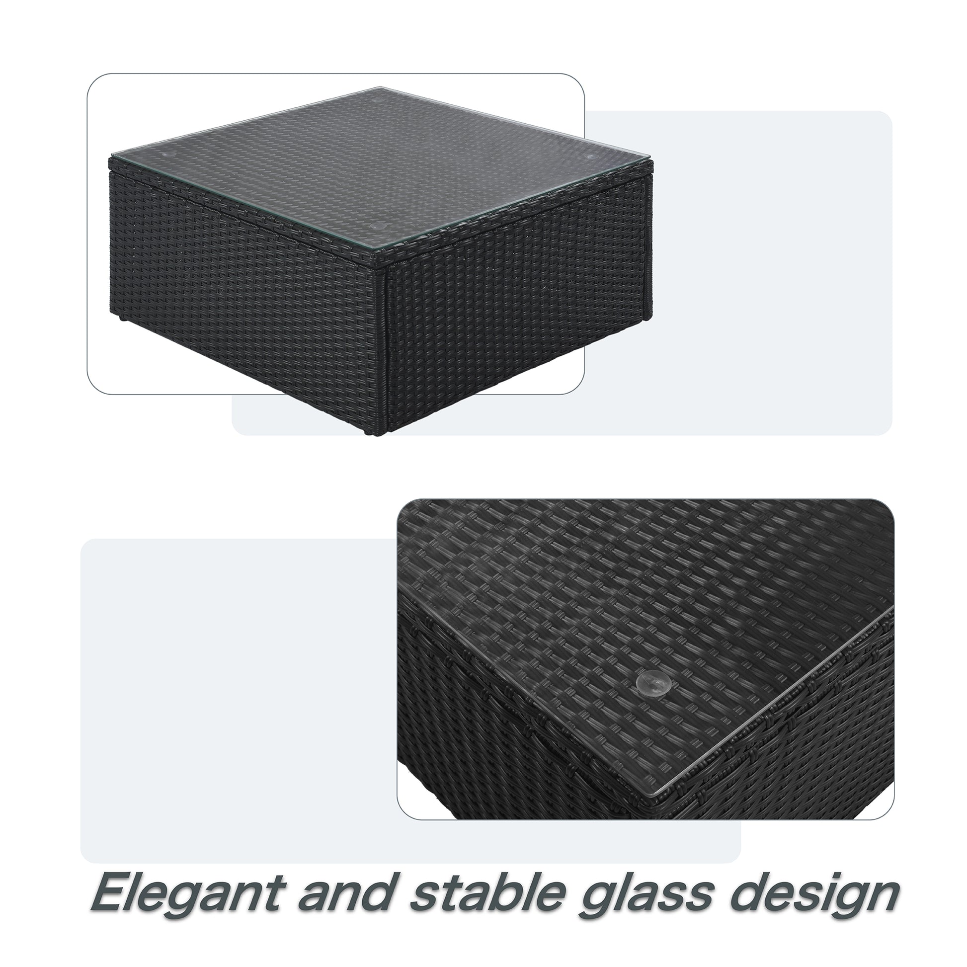 7 Piece Outdoor Wicker Sofa Set, Rattan Sofa Lounger, With Striped Green Pillows, Conversation Sofa, For Patio, Garden, Deck, Black Wicker, Gray Cushion Gray Wicker