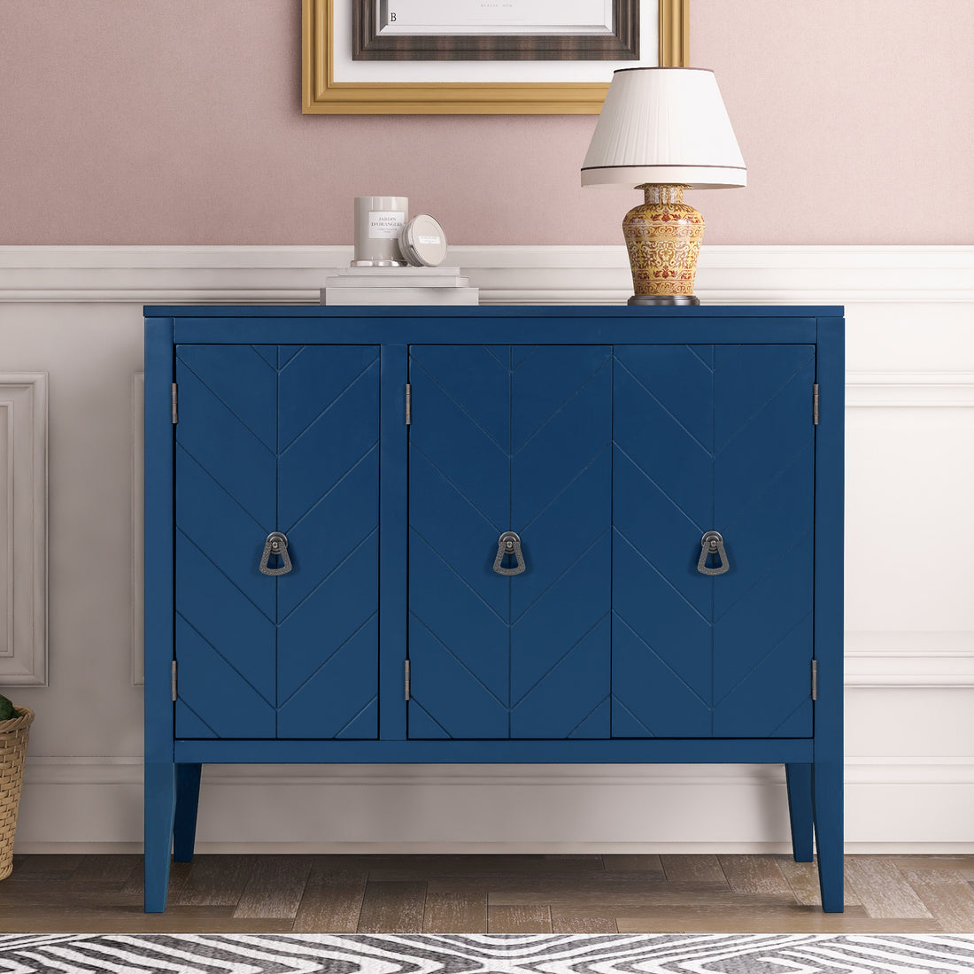 Accent Storage Cabinet Wooden Cabinet With Adjustable Shelf, Antique Gray, Entryway, Living Room, Study Room Navy Blue Mdf