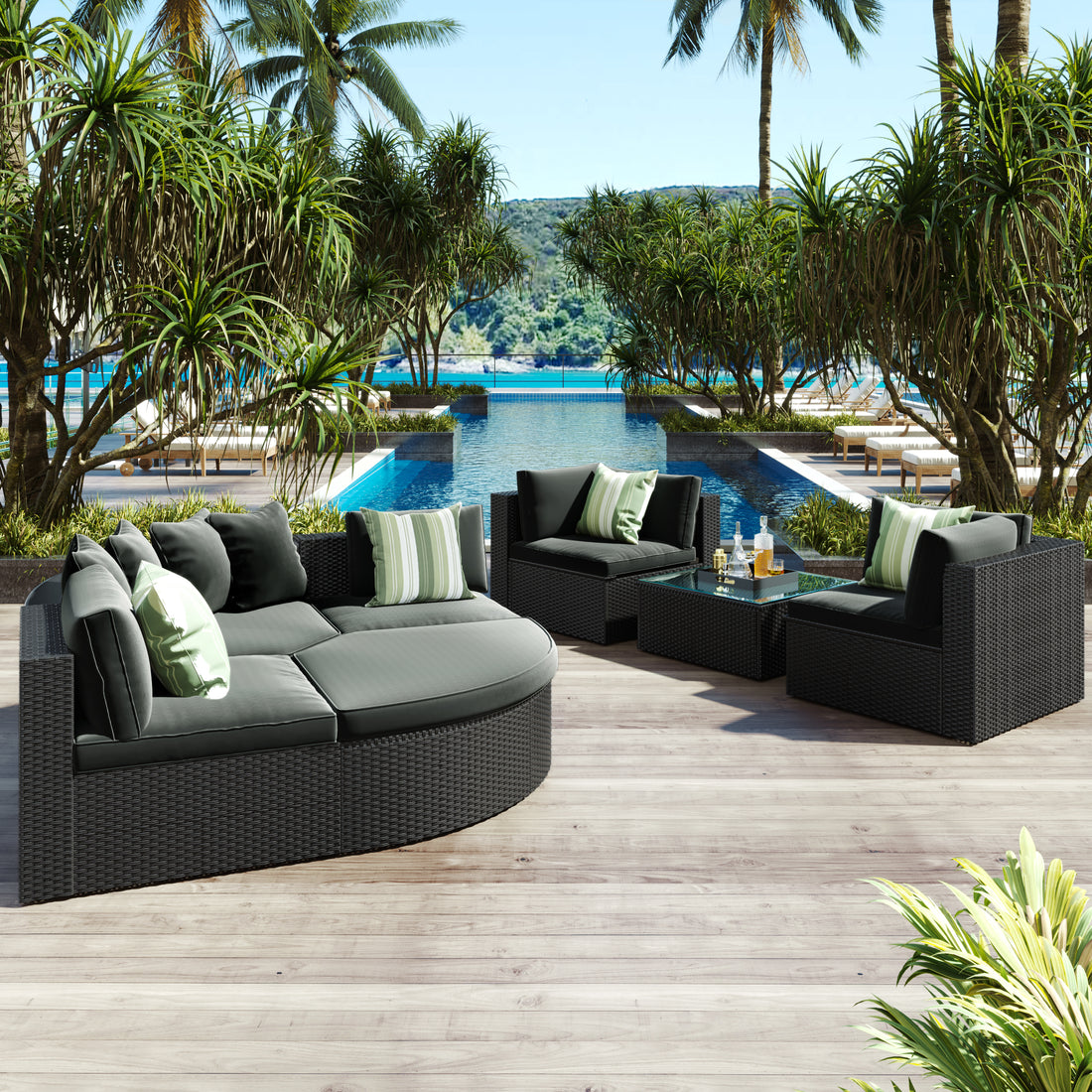 7 Piece Outdoor Wicker Sofa Set, Rattan Sofa Lounger, With Striped Green Pillows, Conversation Sofa, For Patio, Garden, Deck, Black Wicker, Gray Cushion Gray Wicker
