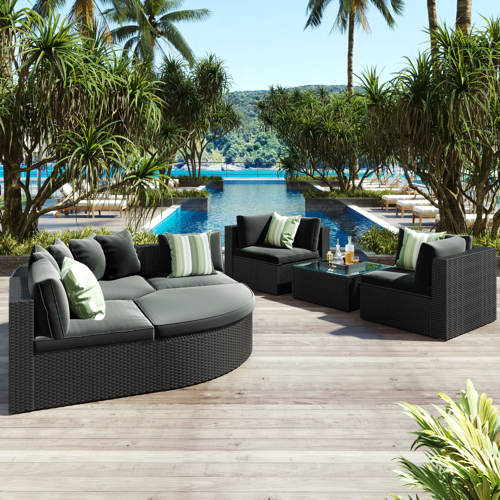 7 Piece Outdoor Wicker Sofa Set, Rattan Sofa Lounger, With Striped Green Pillows, Conversation Sofa, For Patio, Garden, Deck, Black Wicker, Gray Cushion Gray Wicker