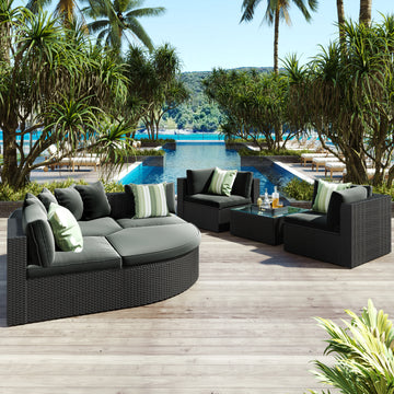 7 Piece Outdoor Wicker Sofa Set, Rattan Sofa Lounger, With Striped Green Pillows, Conversation Sofa, For Patio, Garden, Deck, Black Wicker, Gray Cushion Gray Wicker