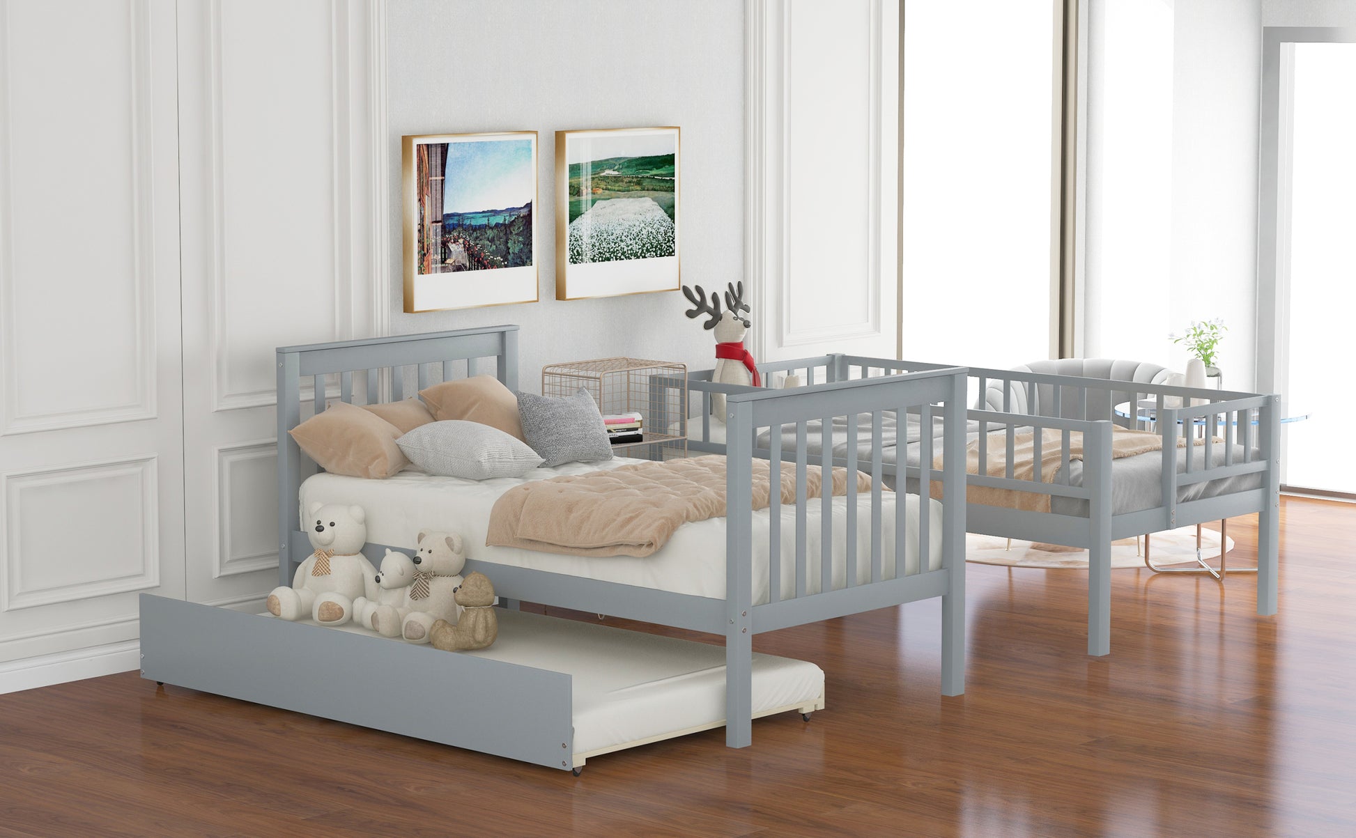 Twin Over Twin Bunk Bed With Trundle And Storage, Gray Twin Gray Pine