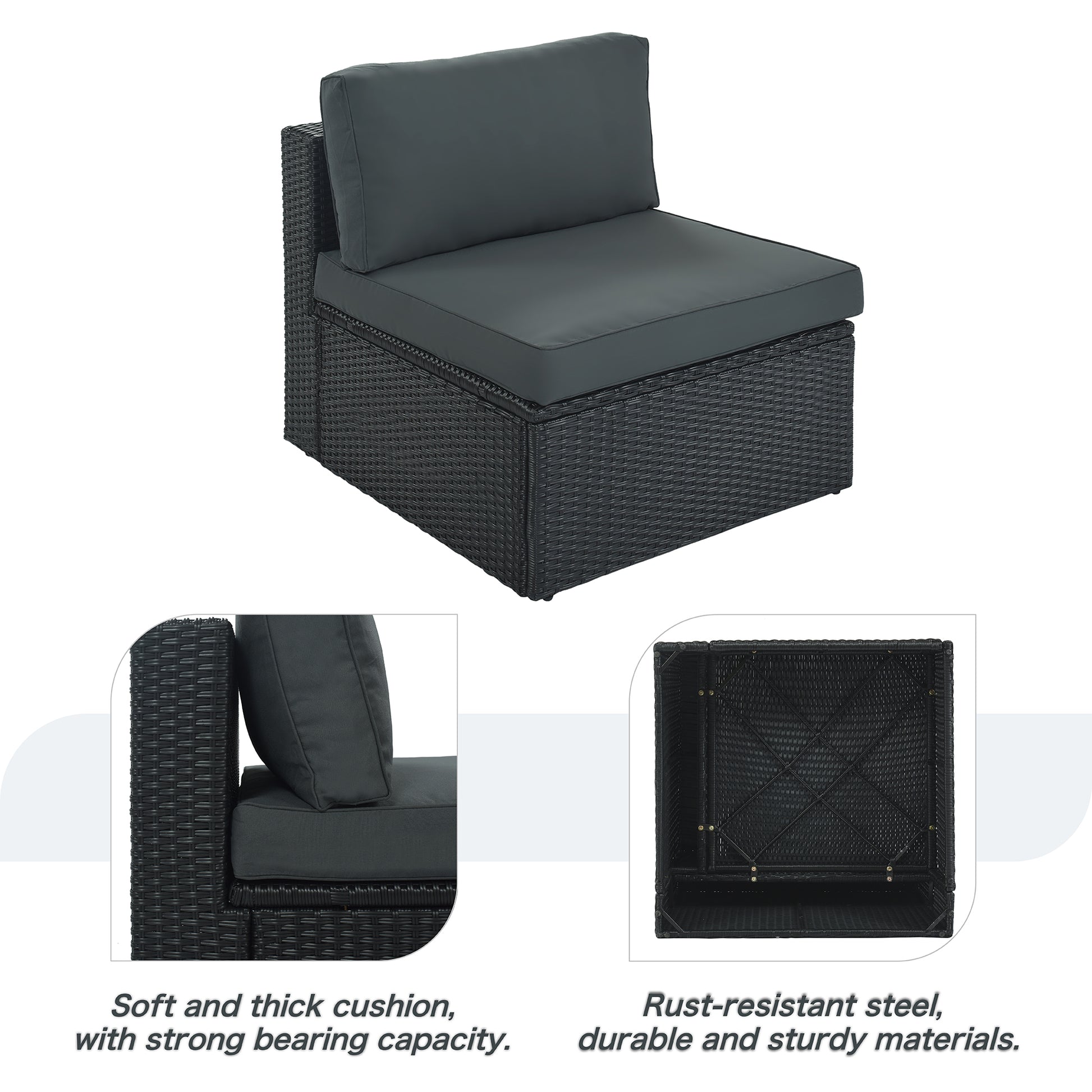 7 Piece Outdoor Wicker Sofa Set, Rattan Sofa Lounger, With Striped Green Pillows, Conversation Sofa, For Patio, Garden, Deck, Black Wicker, Gray Cushion Gray Wicker